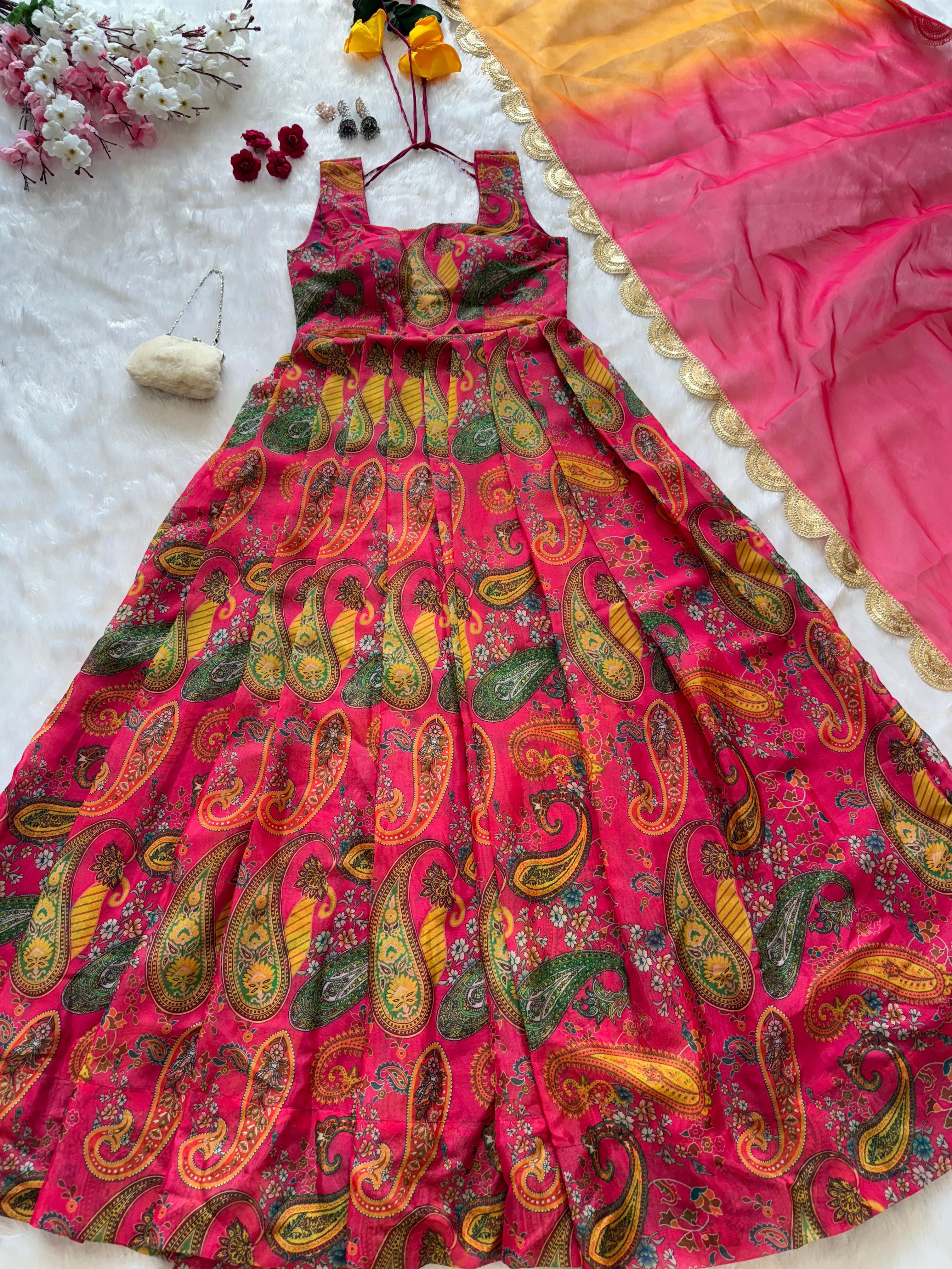 Organza Printed Pink Color Huge Flair Gown