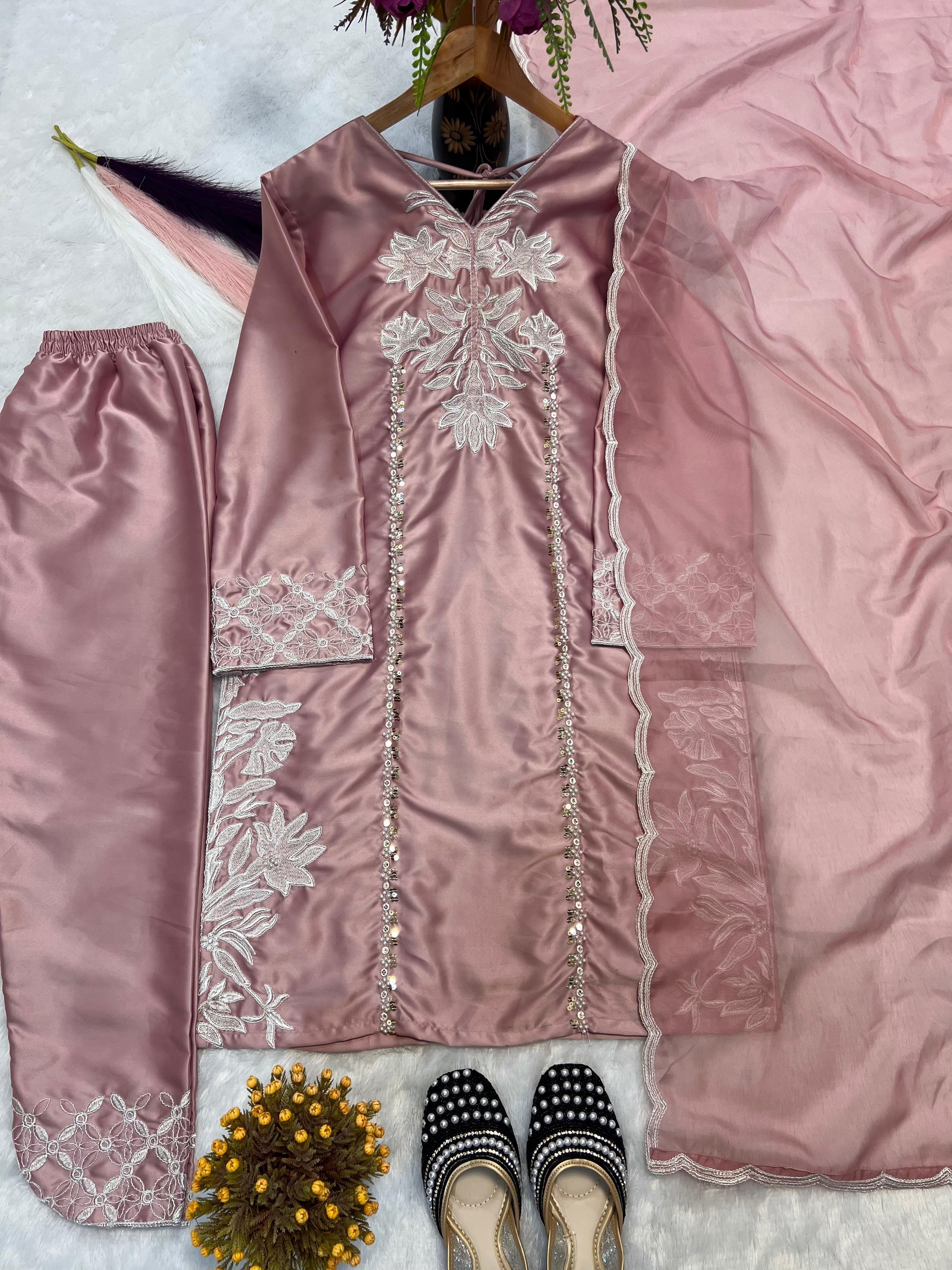 Alluring Pink Color Sequence Work Palazzo Suit