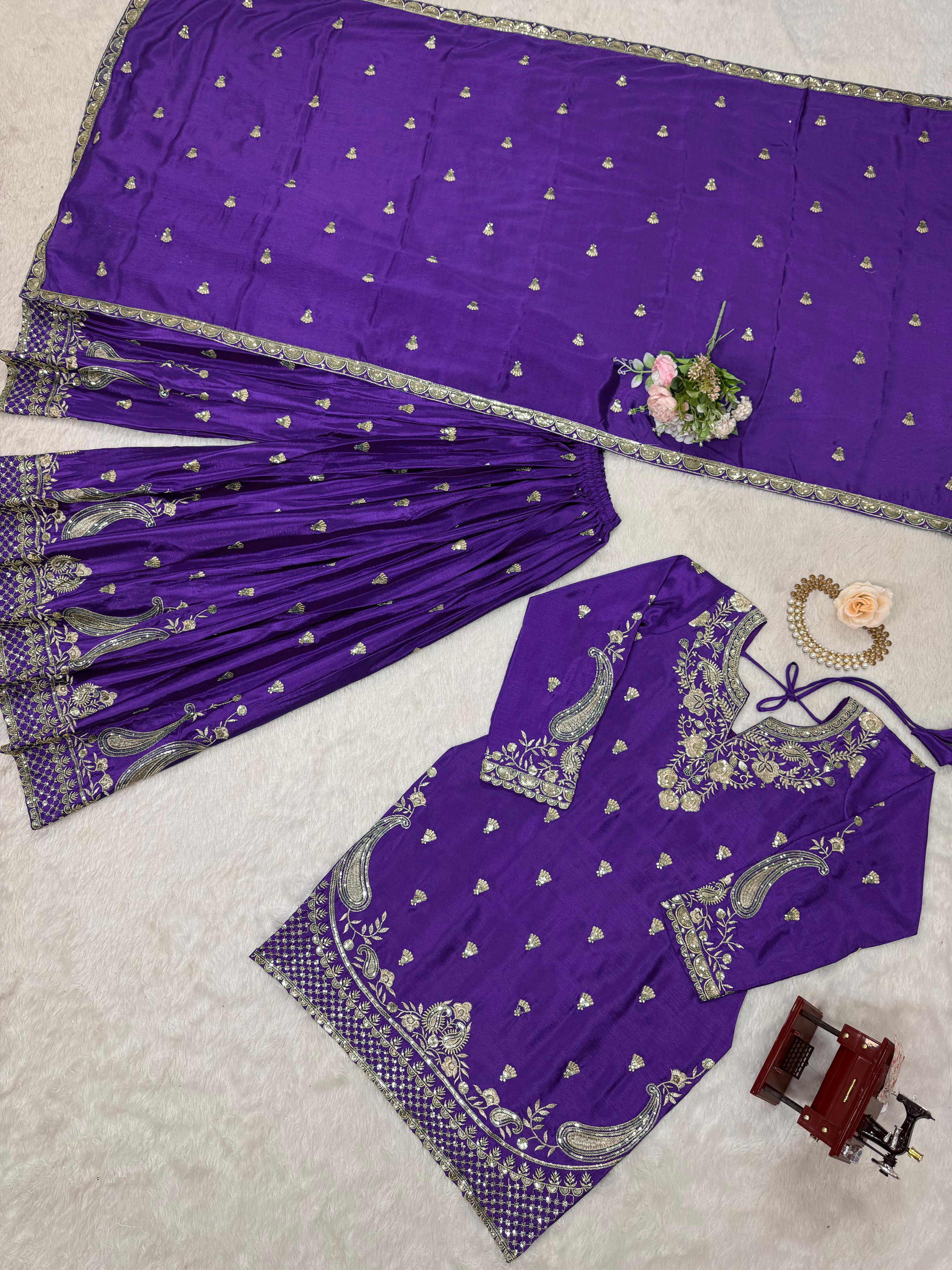 Wonderful Chinon Silk Purple Color Palazzo Suit