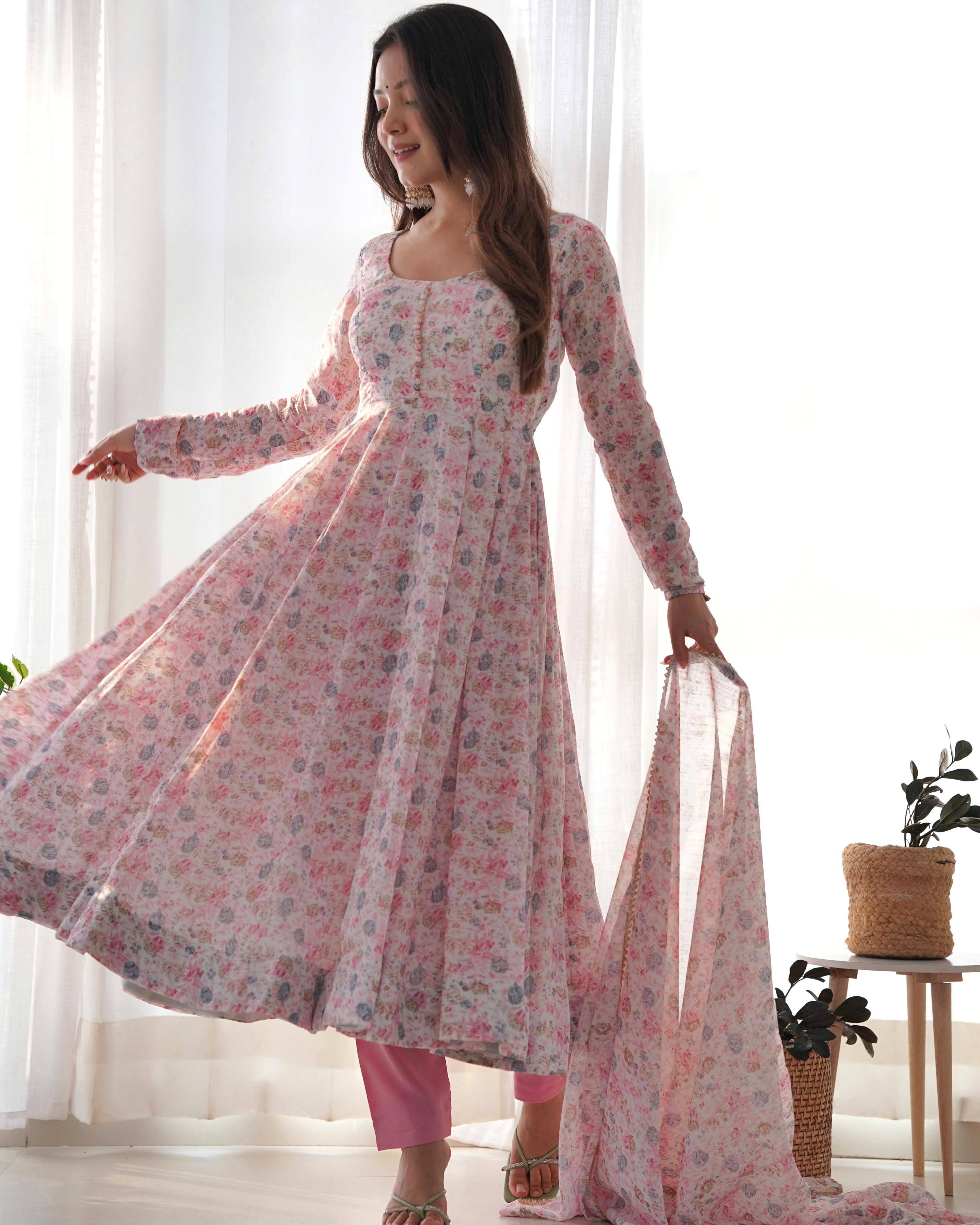 Trendy Orange Flower Print Pink Color Anarkali Suit