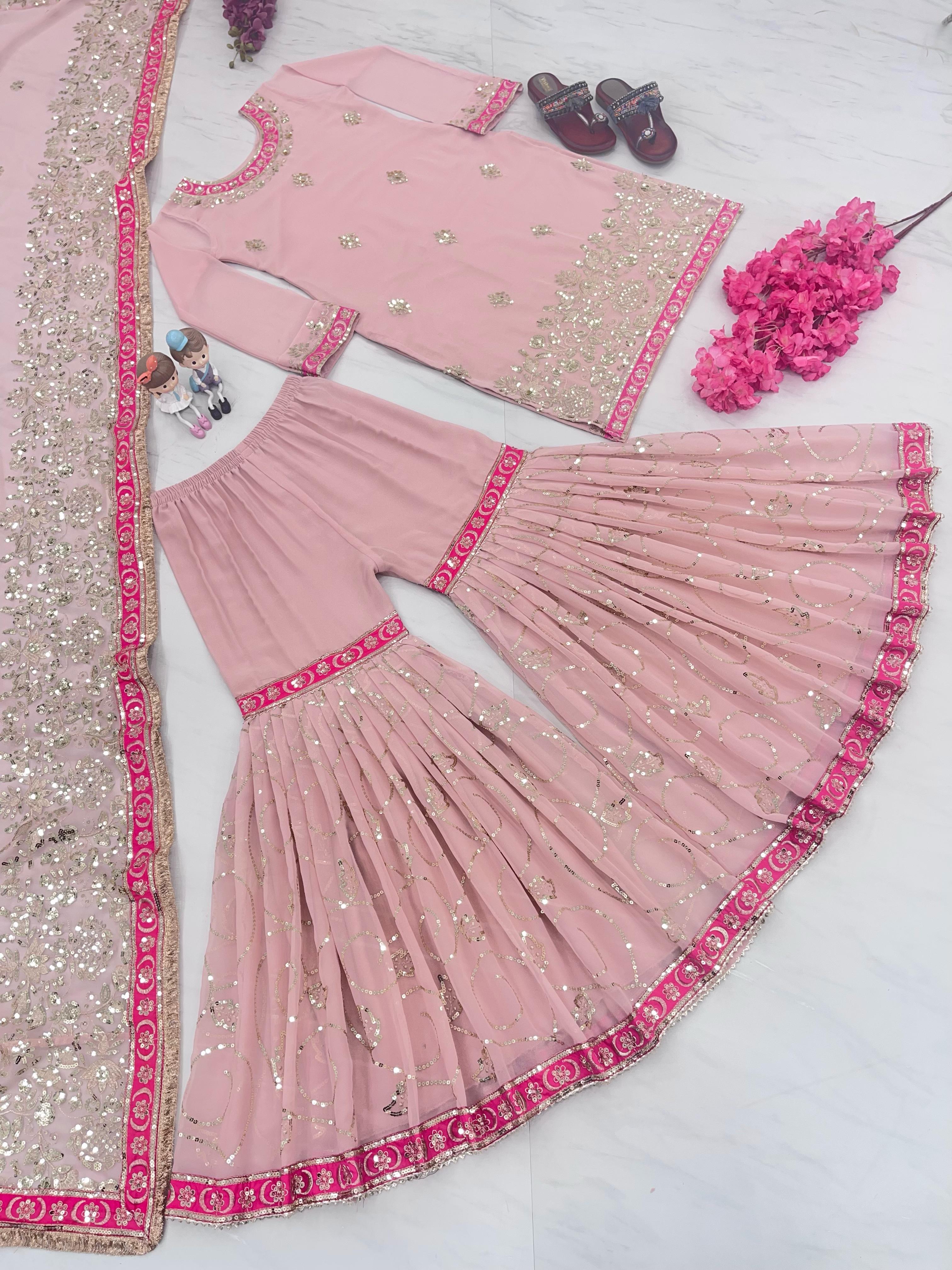 Festive Wear Sequence Work Pink Sharara Suit