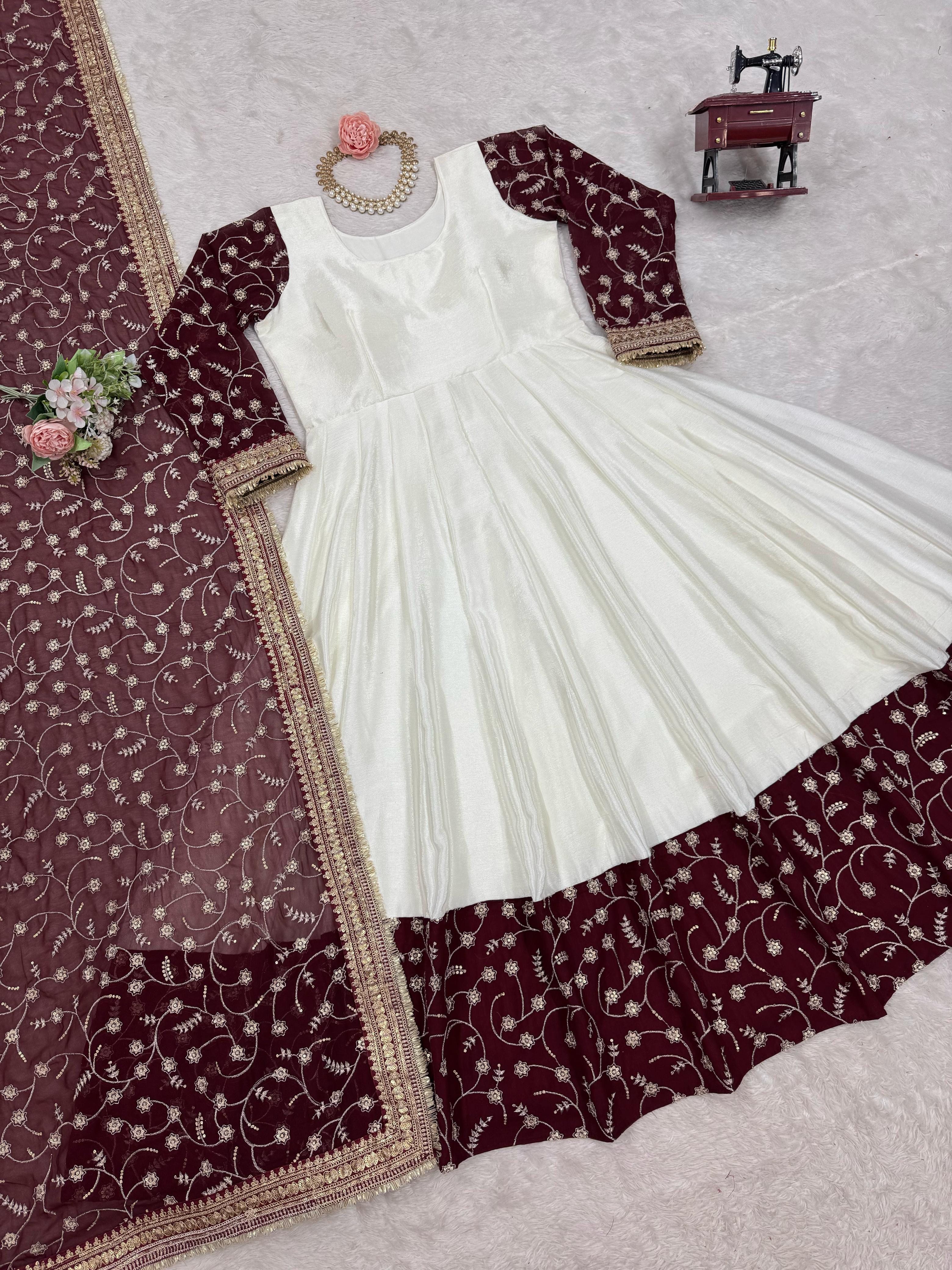 Peaceful Chinon Sequence Work White Color Gown