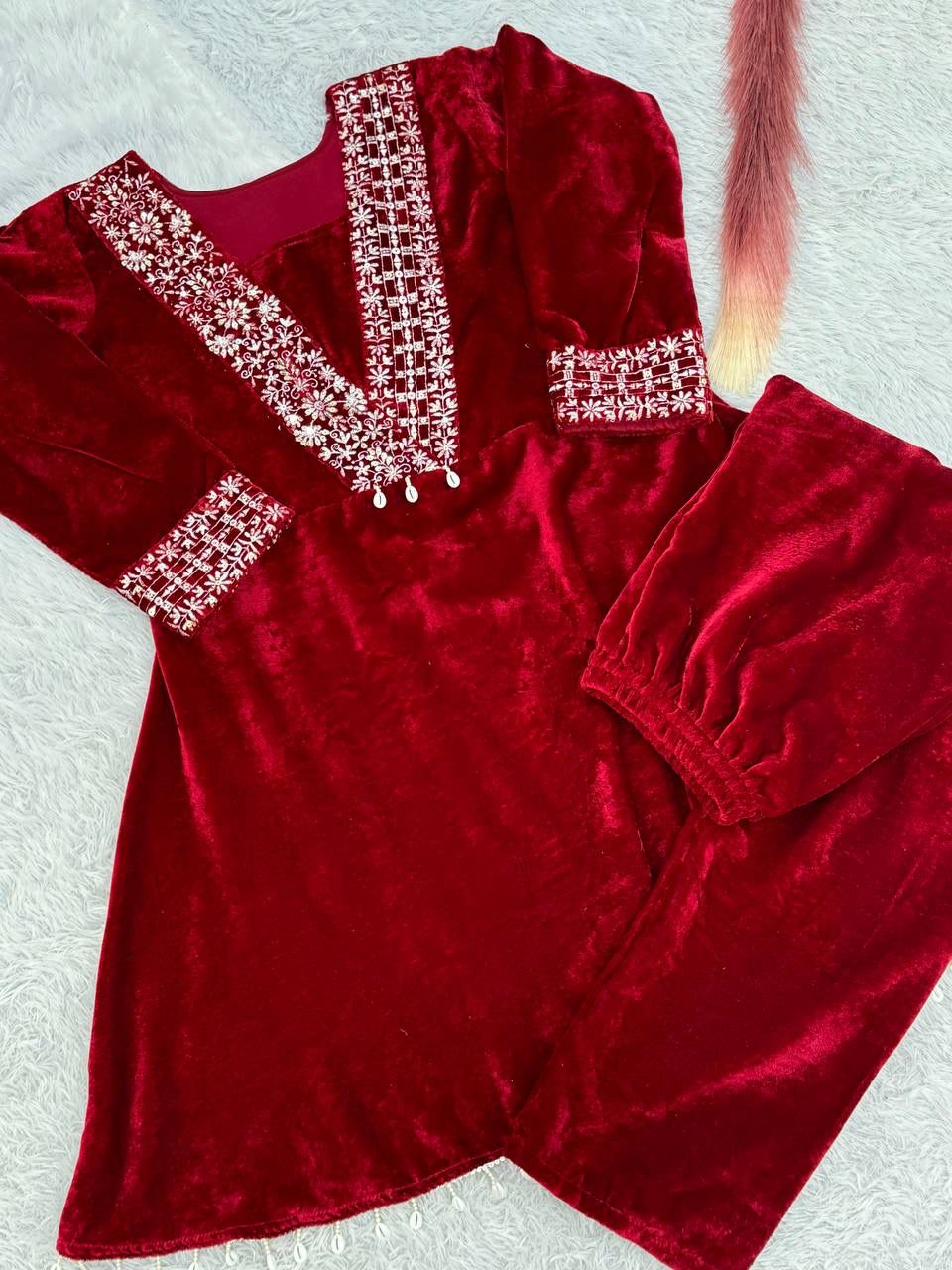 Peaceful Velvet Red Color Top With Pent