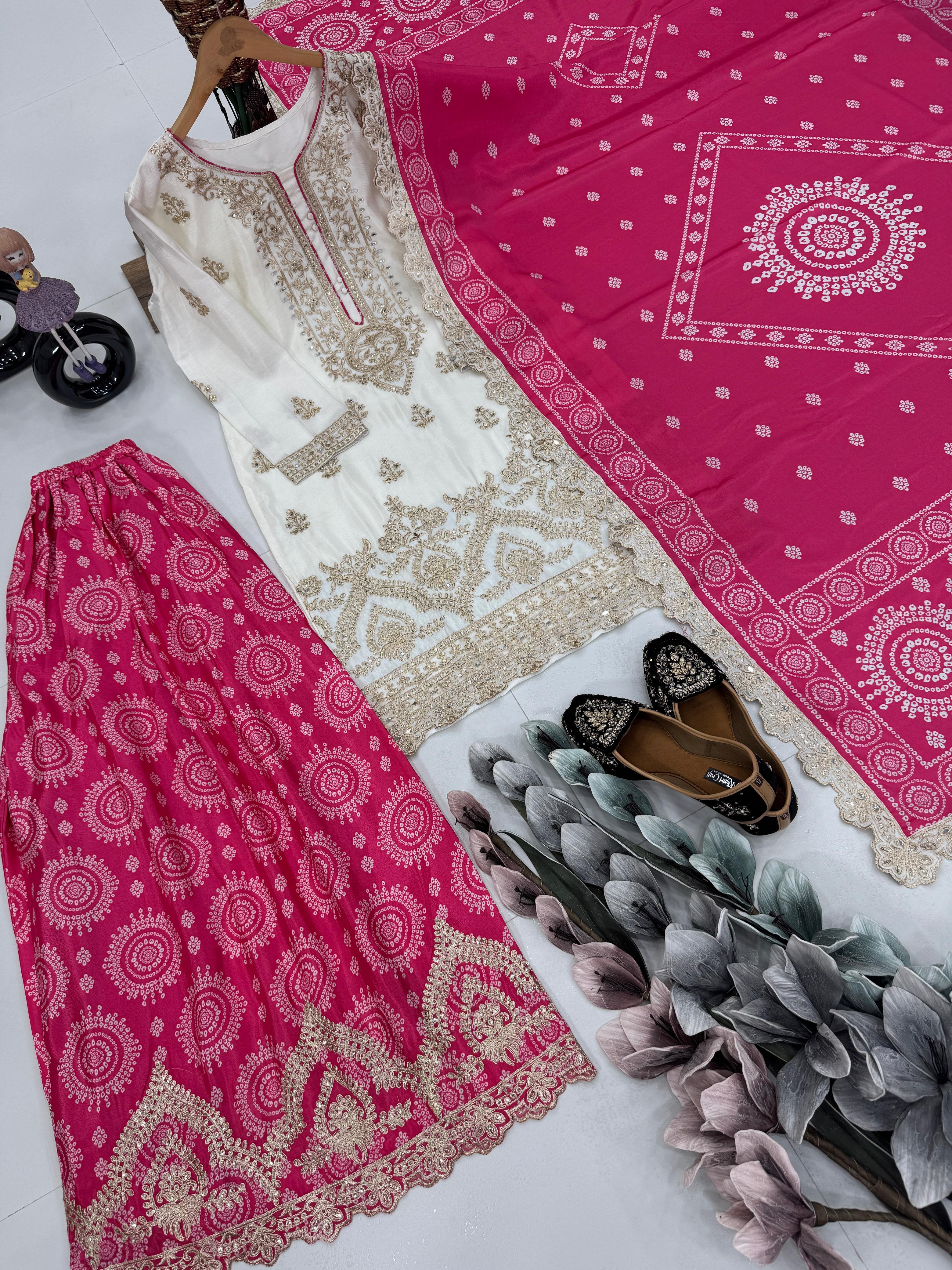 Demanding Heavy Work White Color Sharara Suit With Pink Dupatta