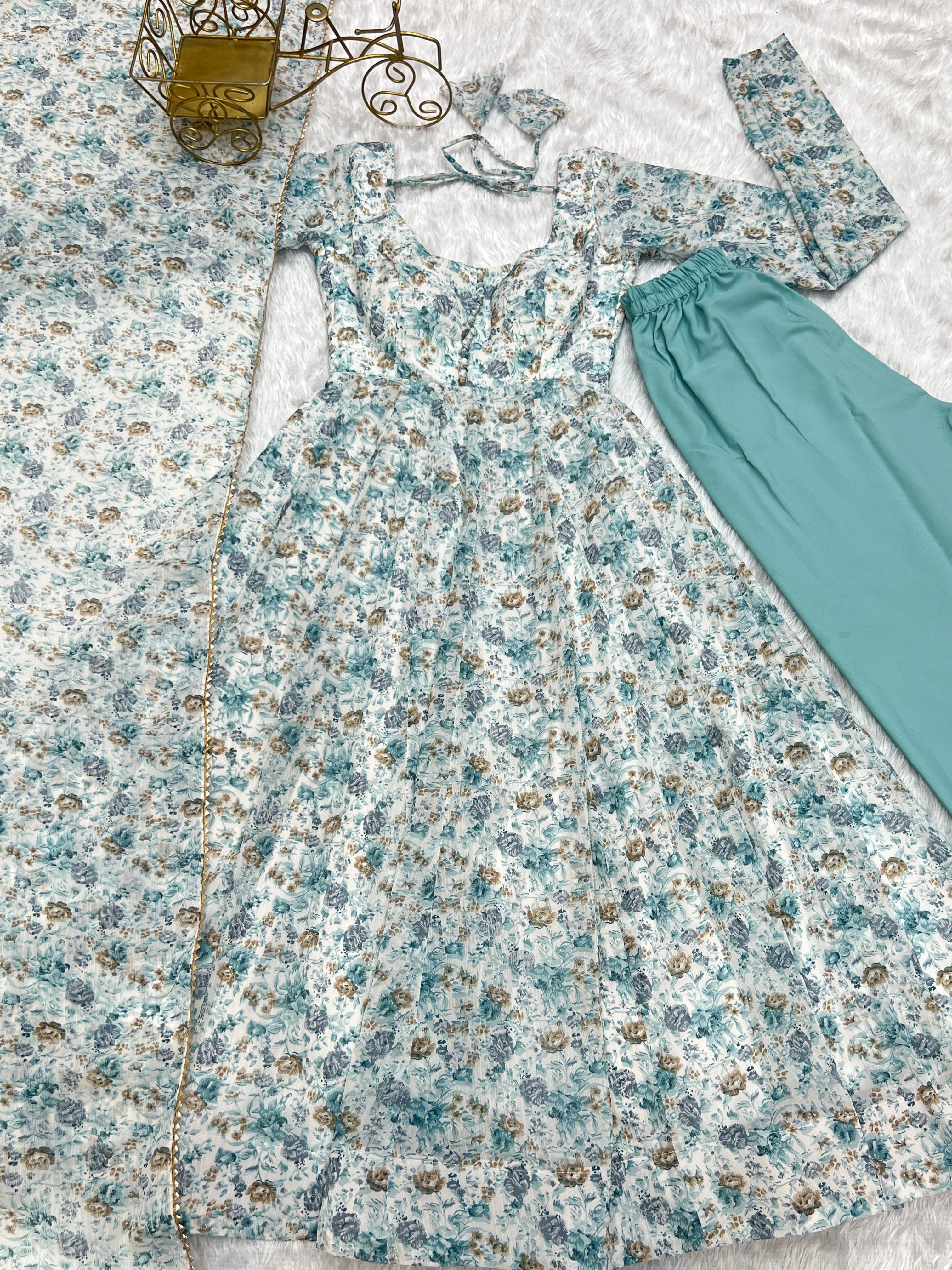 Trendy Orange Flower Print Sky Blue Color Anarkali Suit