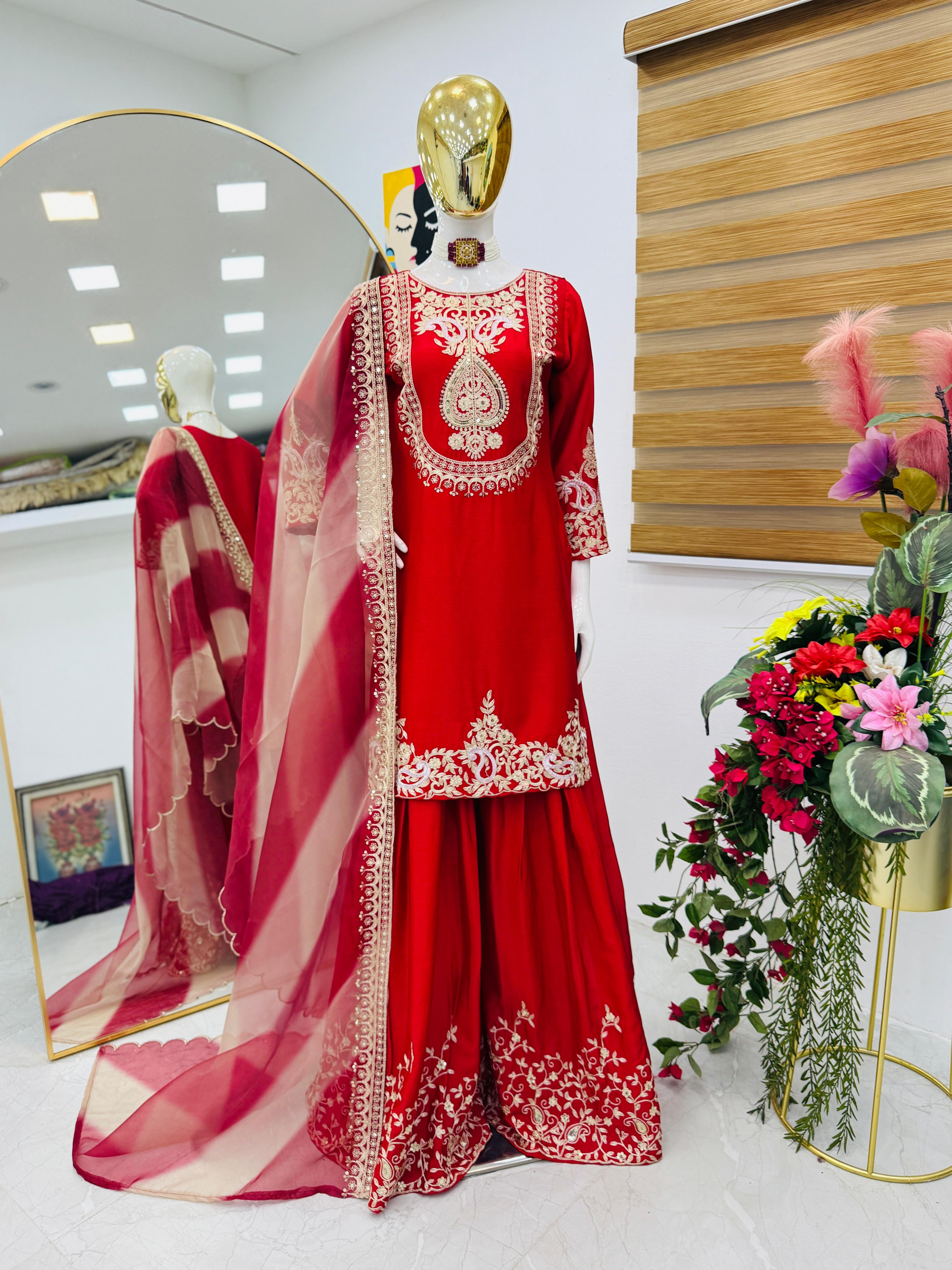 Preferable Heavy Red Color Sharara Suit
