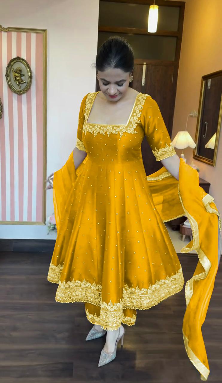 Glimmering Vichitra Silk Yellow Color Anarkali Suit