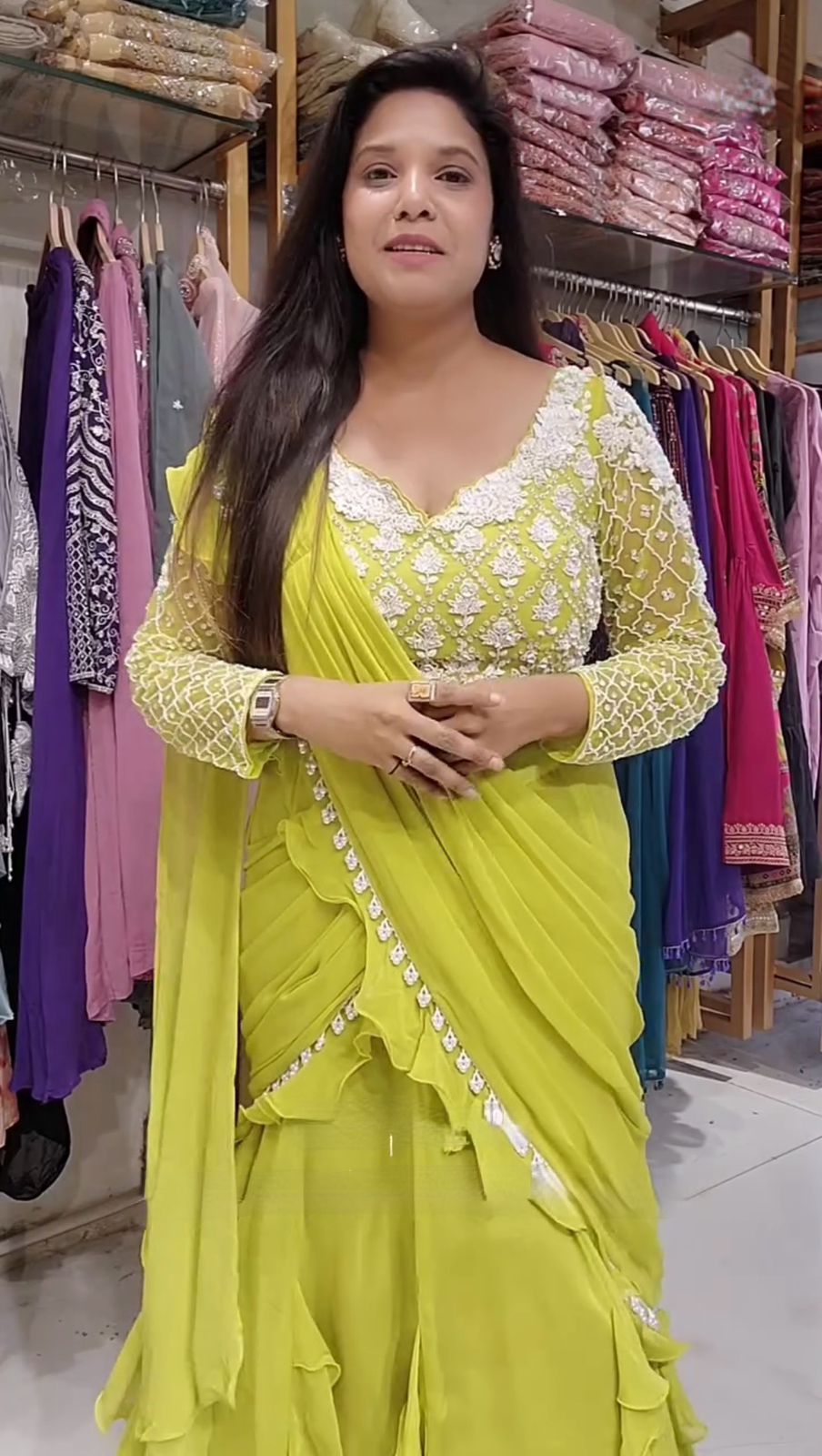 Beautiful Lemon Color Ready To Wear Lehenga Saree