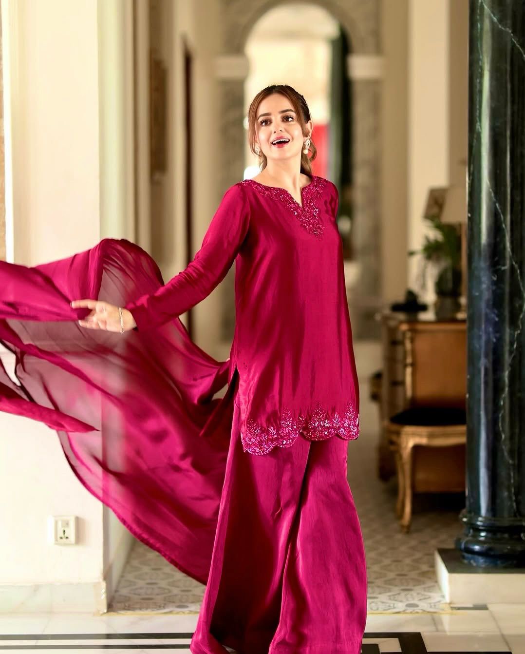 Pink Color Sequence Work Palazzo Suit