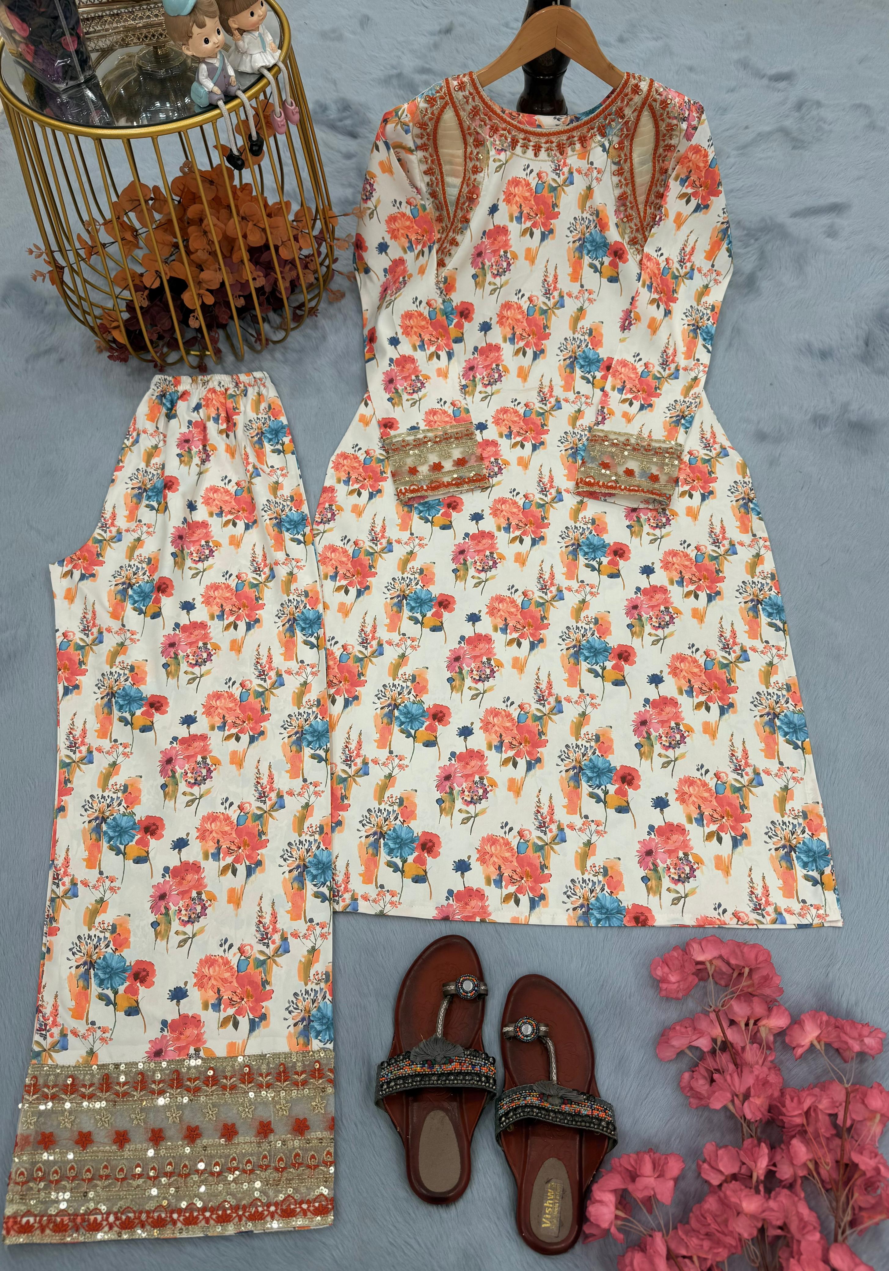 Beige Color Flower Printed Co-ord Set