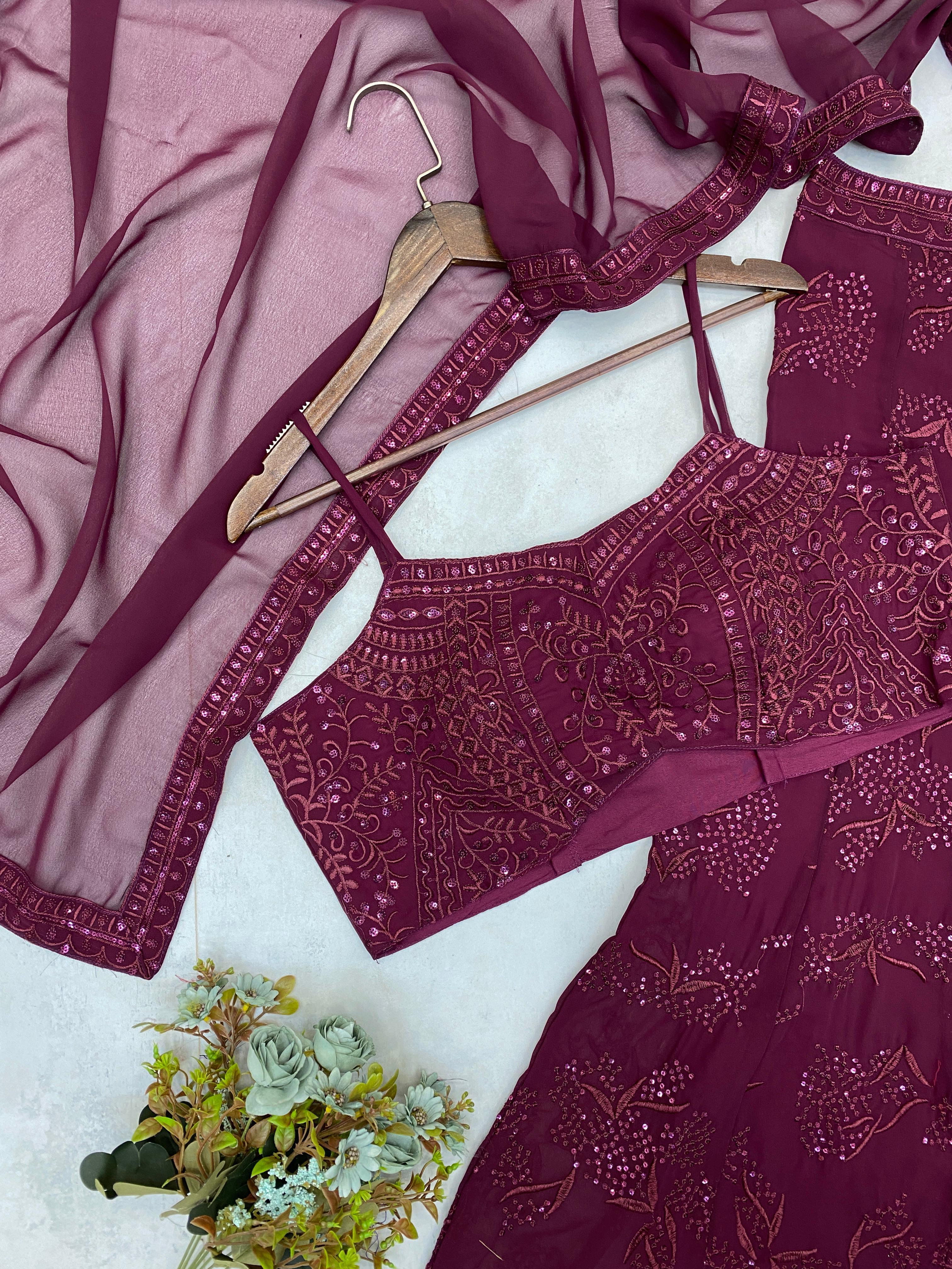 Attractive Sequence Embroidery Work Maroon Color Palazzo With Dupatta