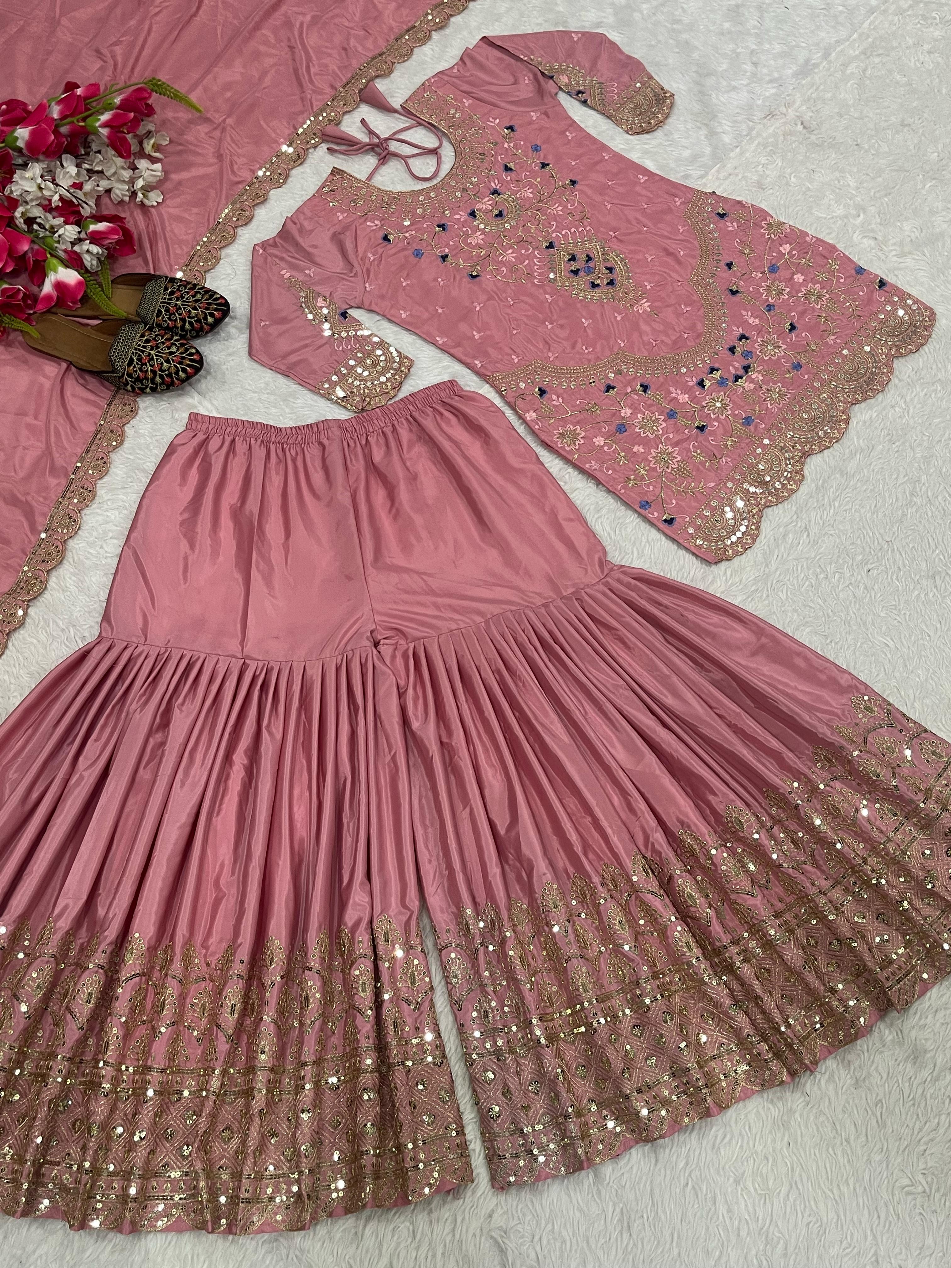 Fabulous Heavy Work Pink Color Sharara Suit