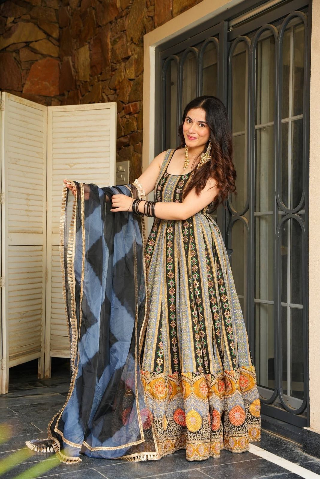 Awesome Multi Color Organza Digital Work Gown