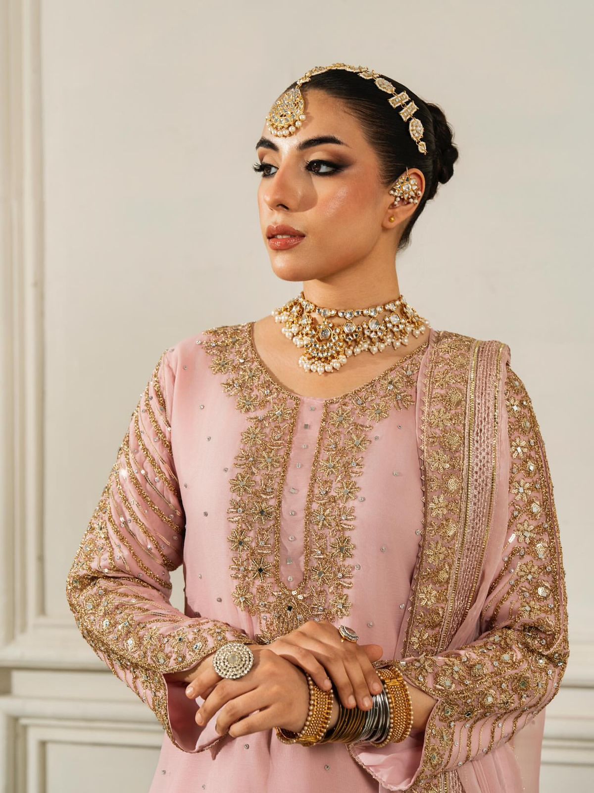 Ravishing Pink Chinon Silk Sequence Work Palazzo Suit
