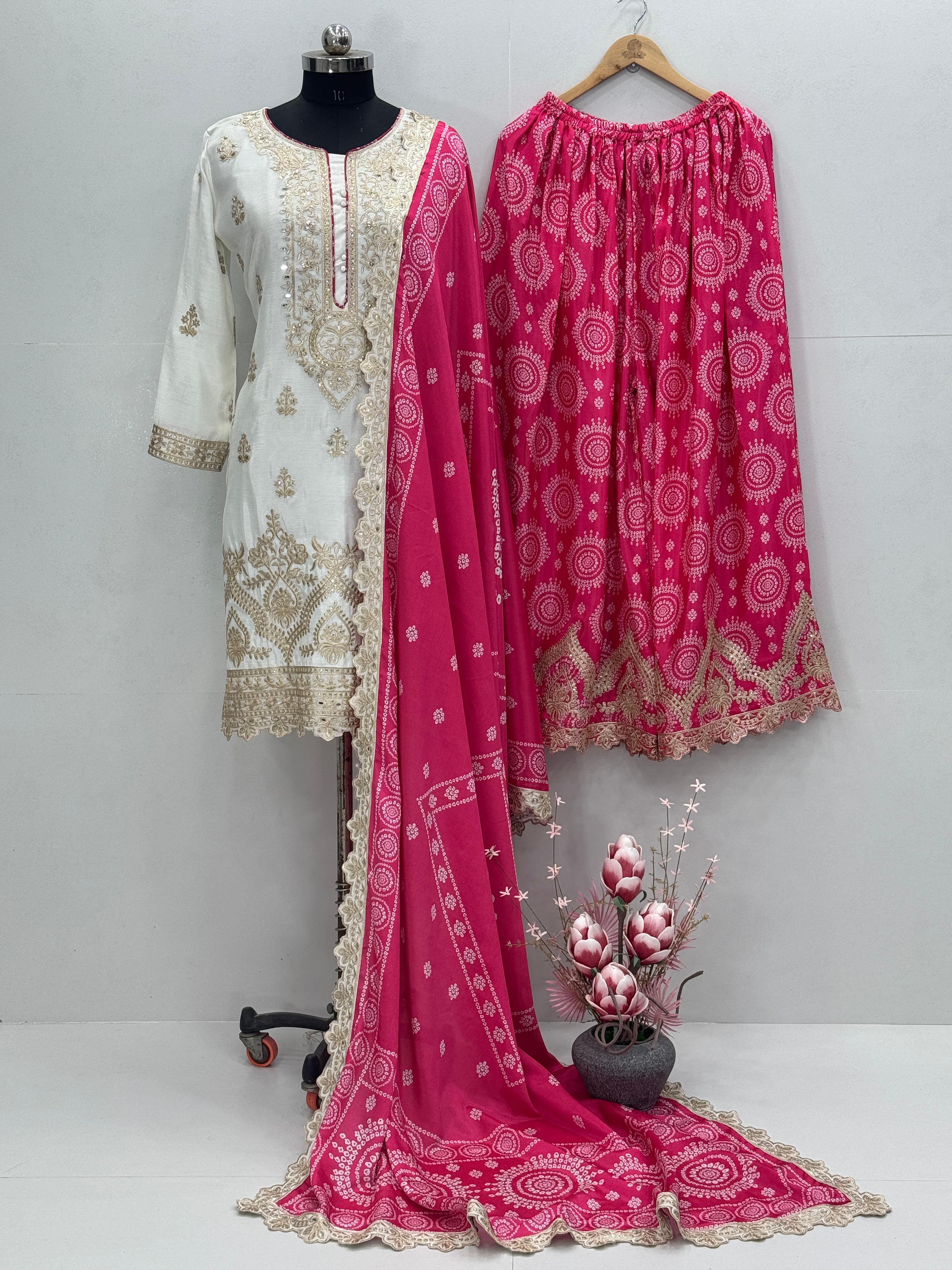 Demanding Heavy Work White Color Sharara Suit With Pink Dupatta