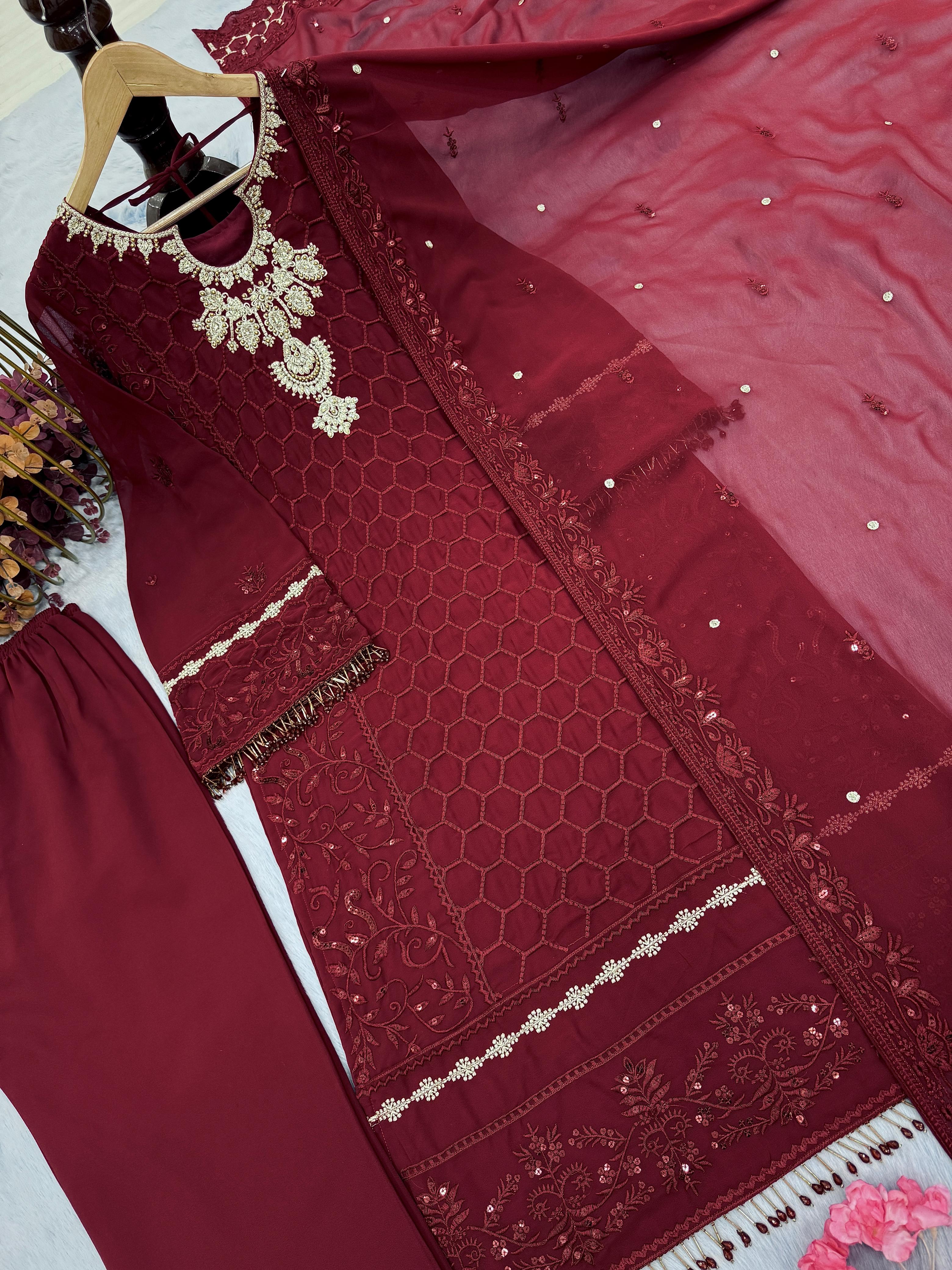 Designe Georgette Sequence Work Maroon Color Plazzo Suit