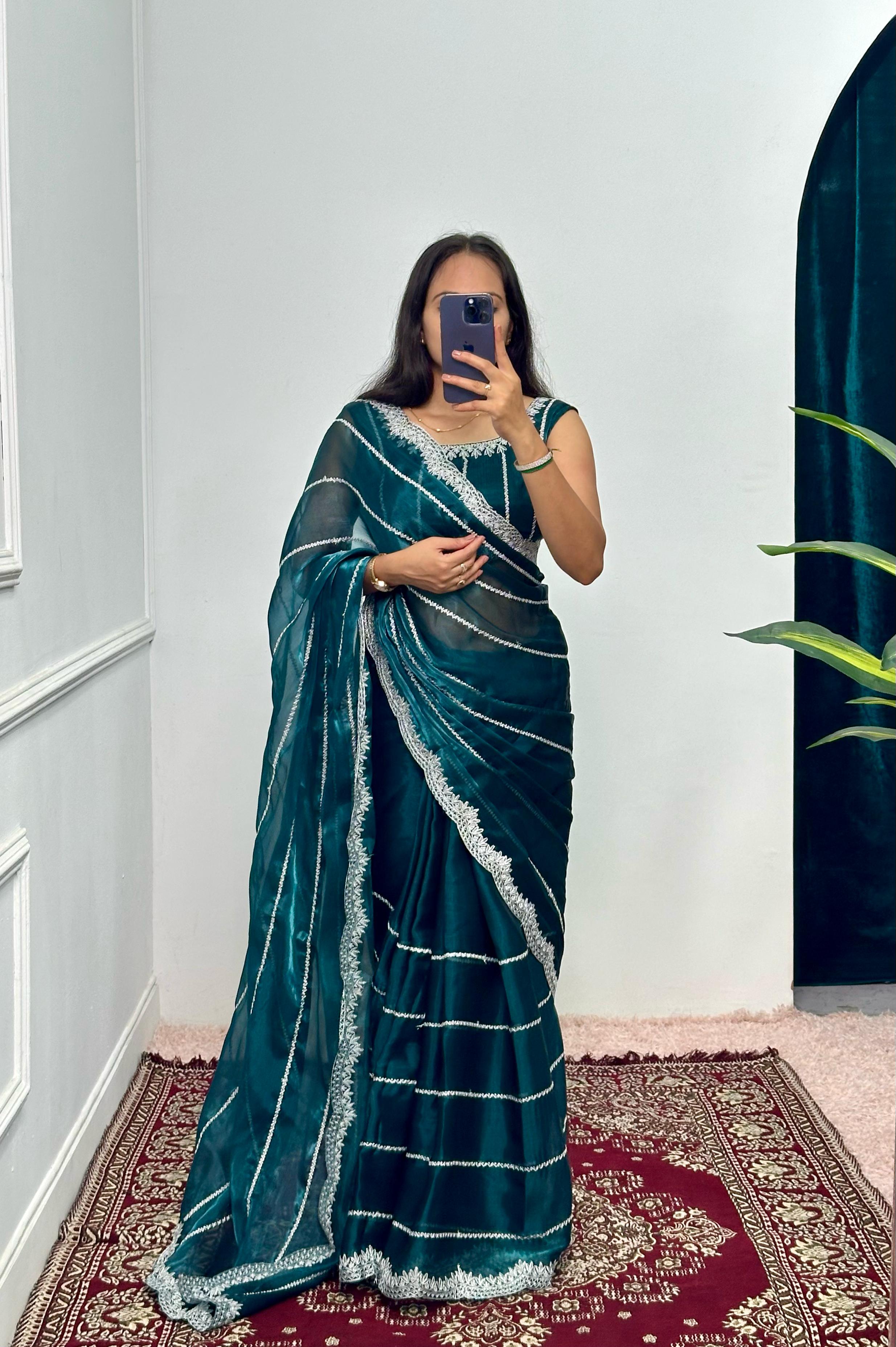 Peaceful Embroidery Zari Work Teal Blue Color Saree