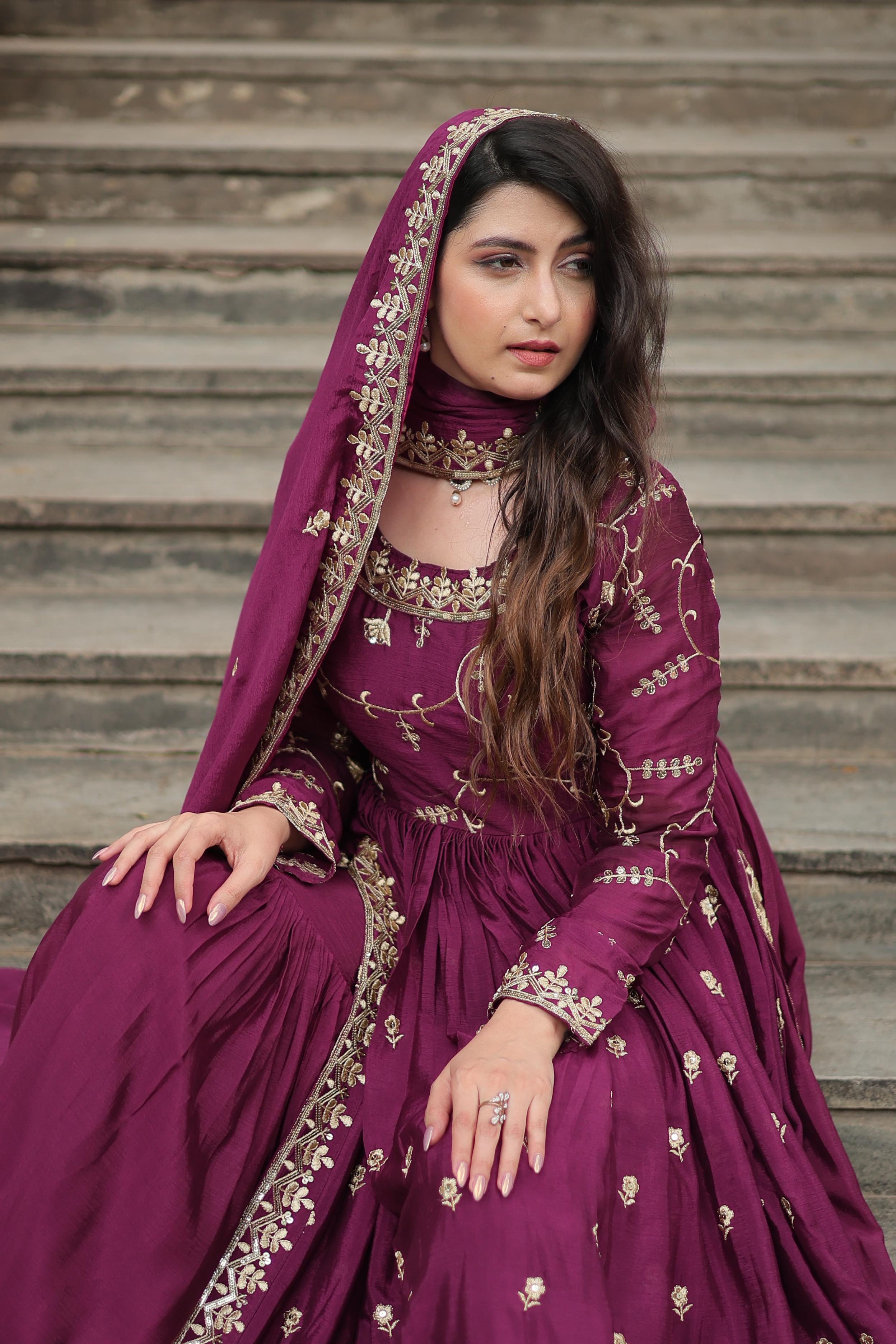 Marvelous Sequins Embroidered Work Wine Color Sharara Suit