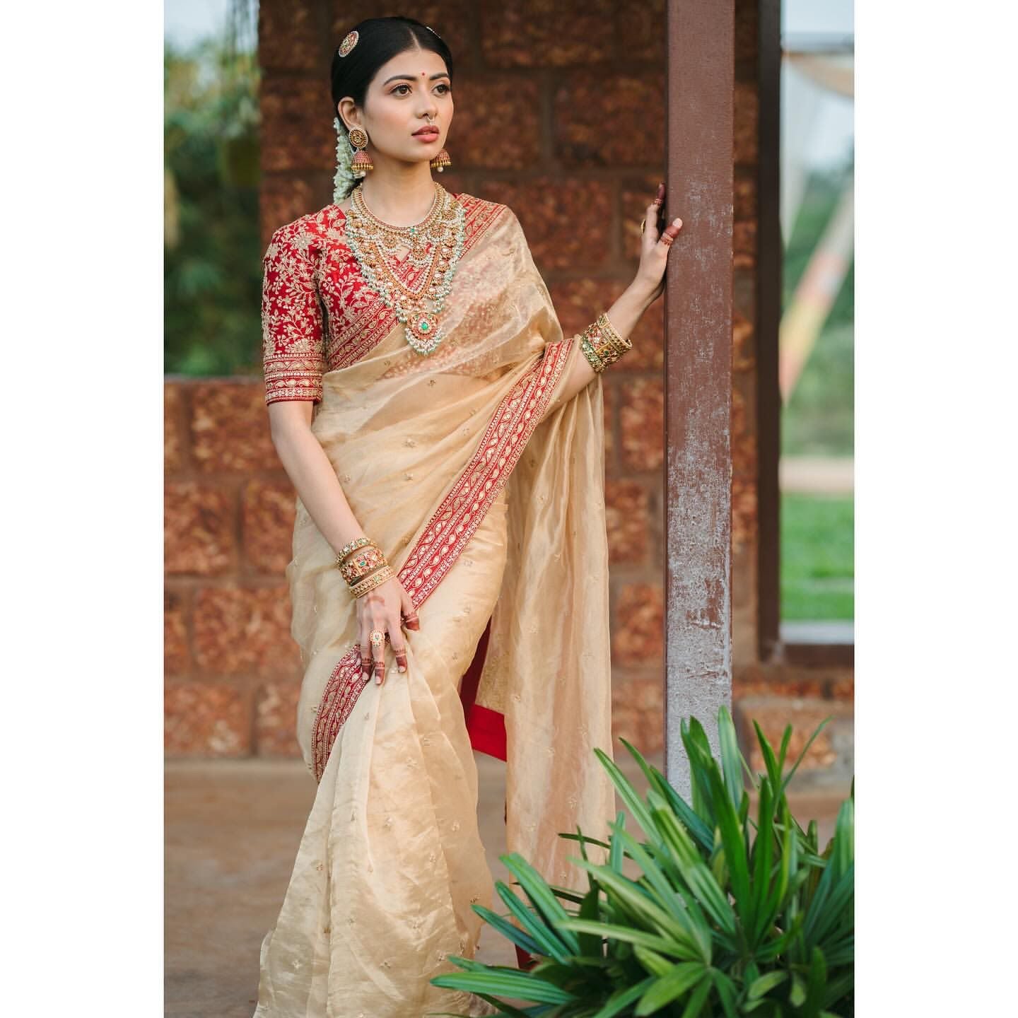 Glimmering Embroidery Work Cream Color designer Saree