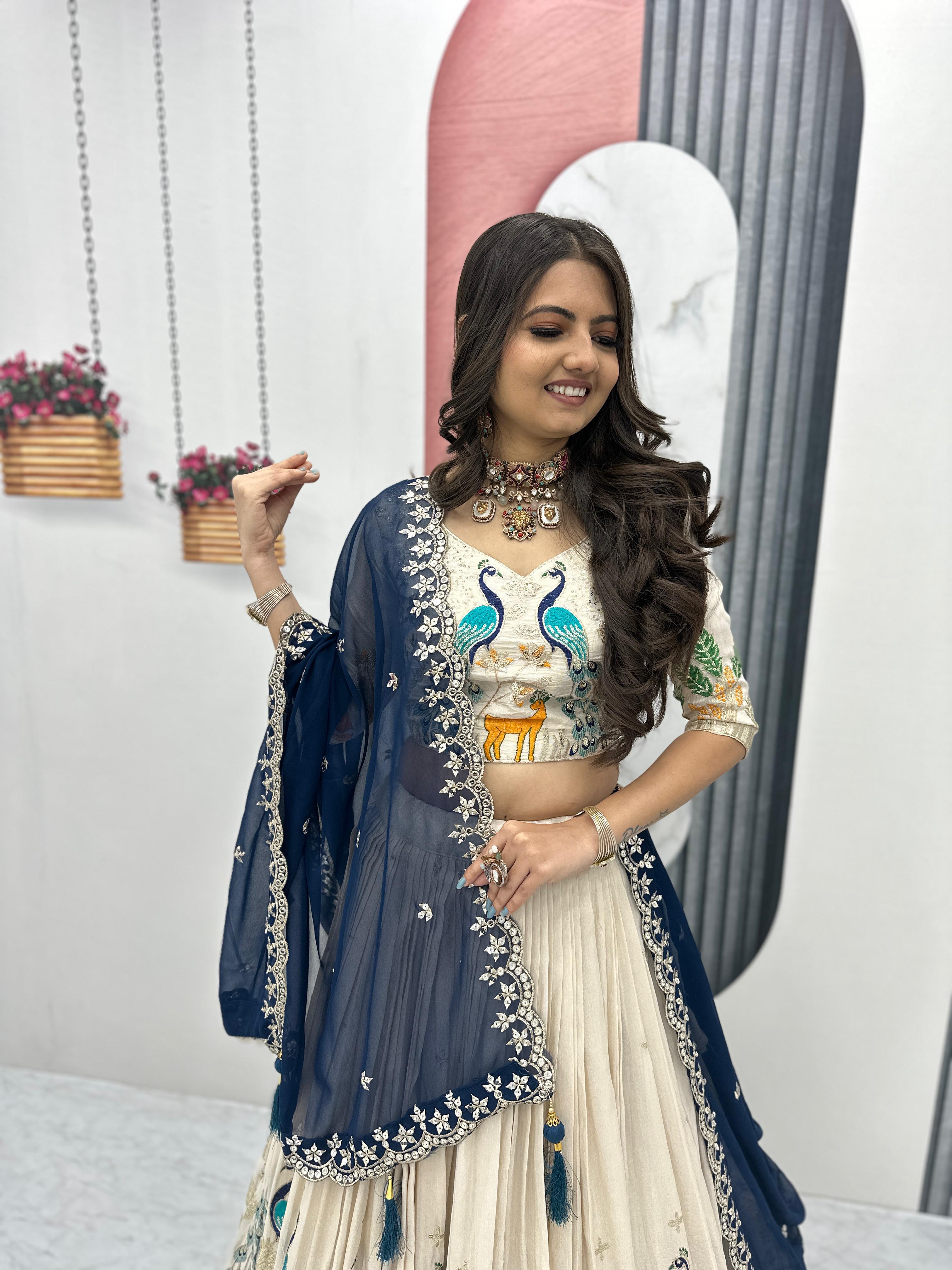 Pattern Wedding & Party Wear White Color With Blue Dupatta Lehenga Choli