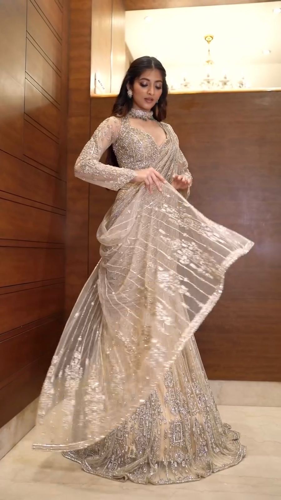 Beige Color Butterfly Net Ready To Wear Saree
