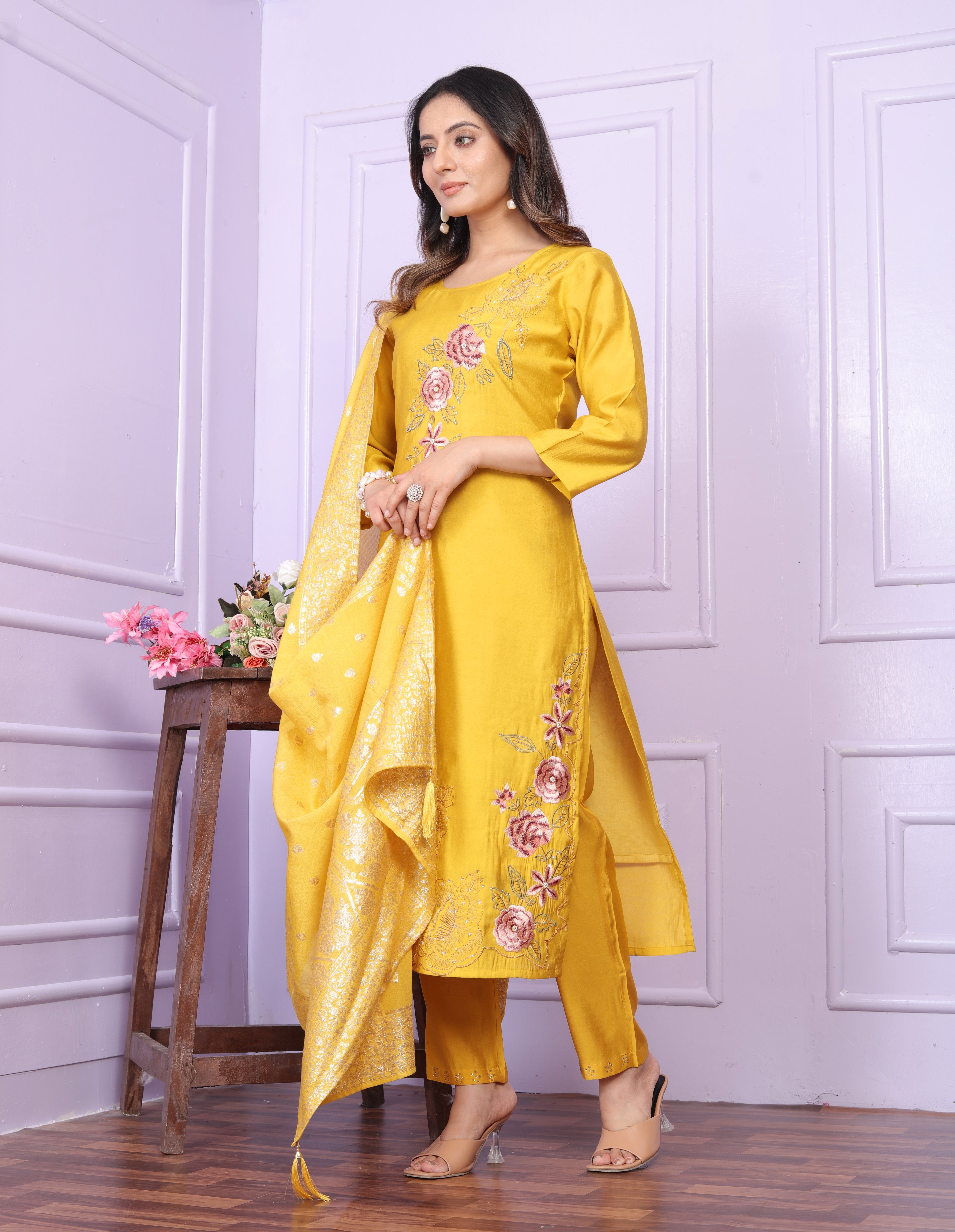 Elegant Yellow Russian Silk Salwar Suit With Banarasi Dupatta