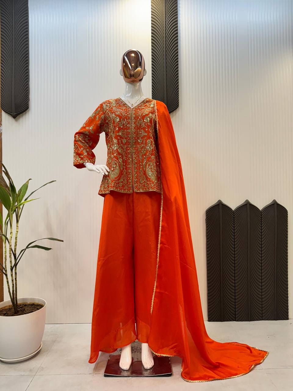 Designer Chinon Embroidery Work Orange Color Sharara Suit