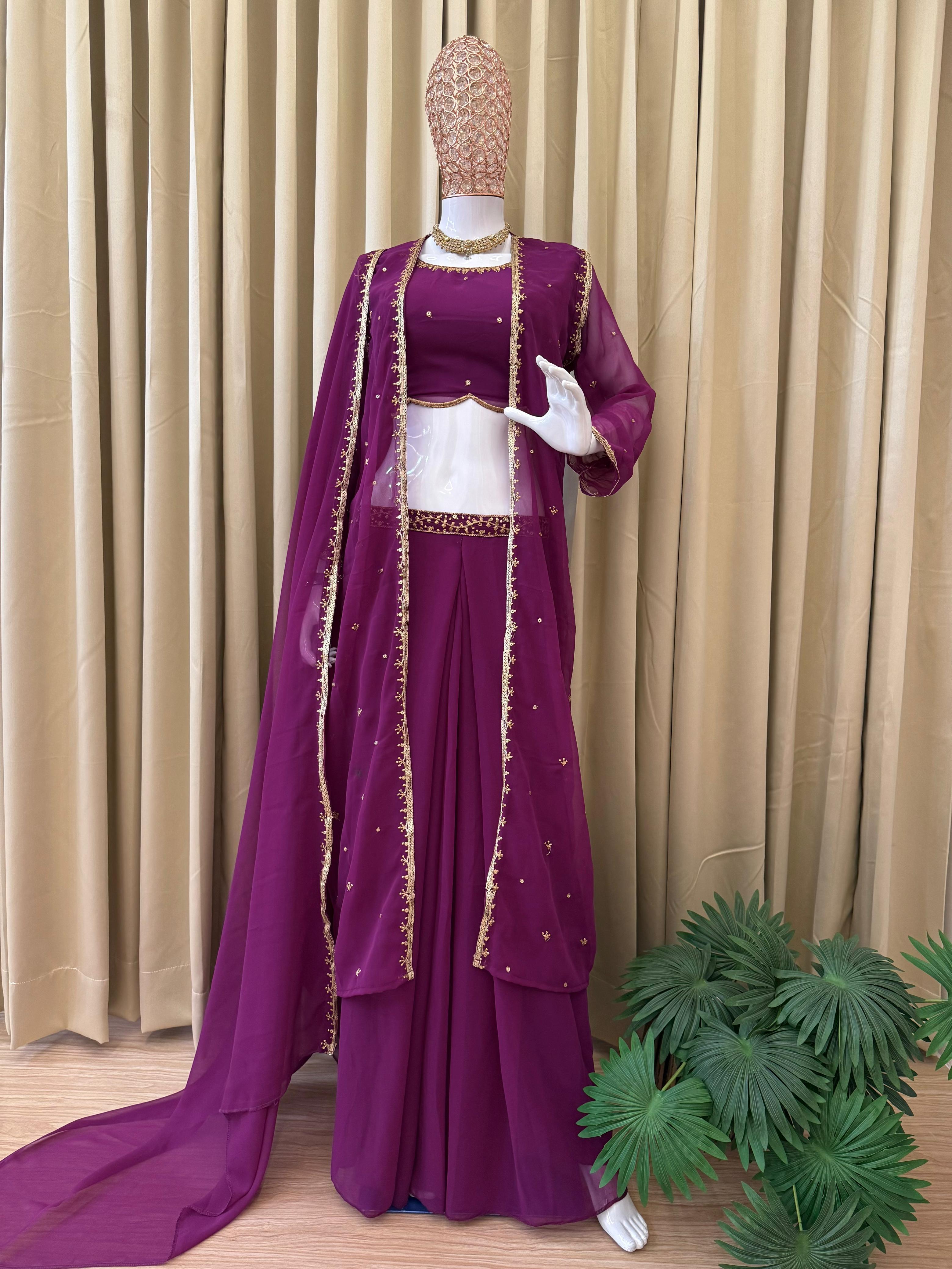 Awesome Purple Georgette Embroidery Lehenga Choli With Koti