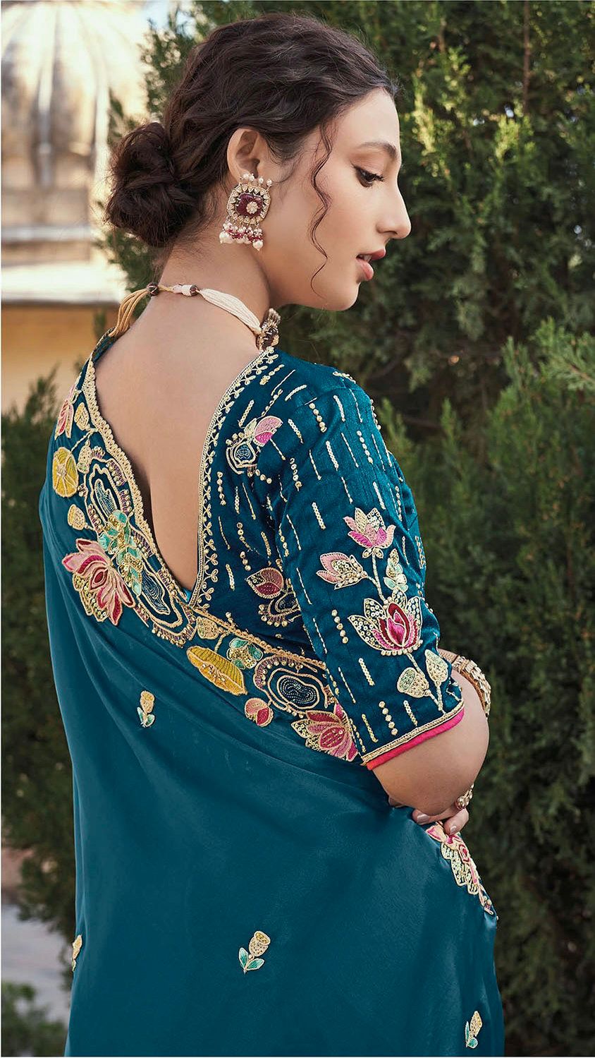 Wedding Wear Jimmy Cho Embroidery Work Teal Blue Color Saree