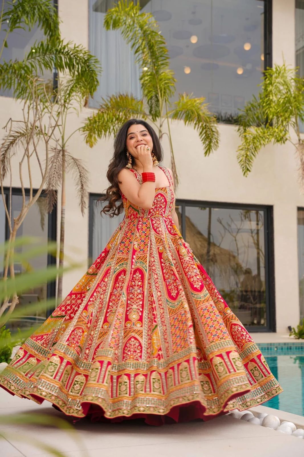 Alluring Red Organza Printed Anarkali Gown
