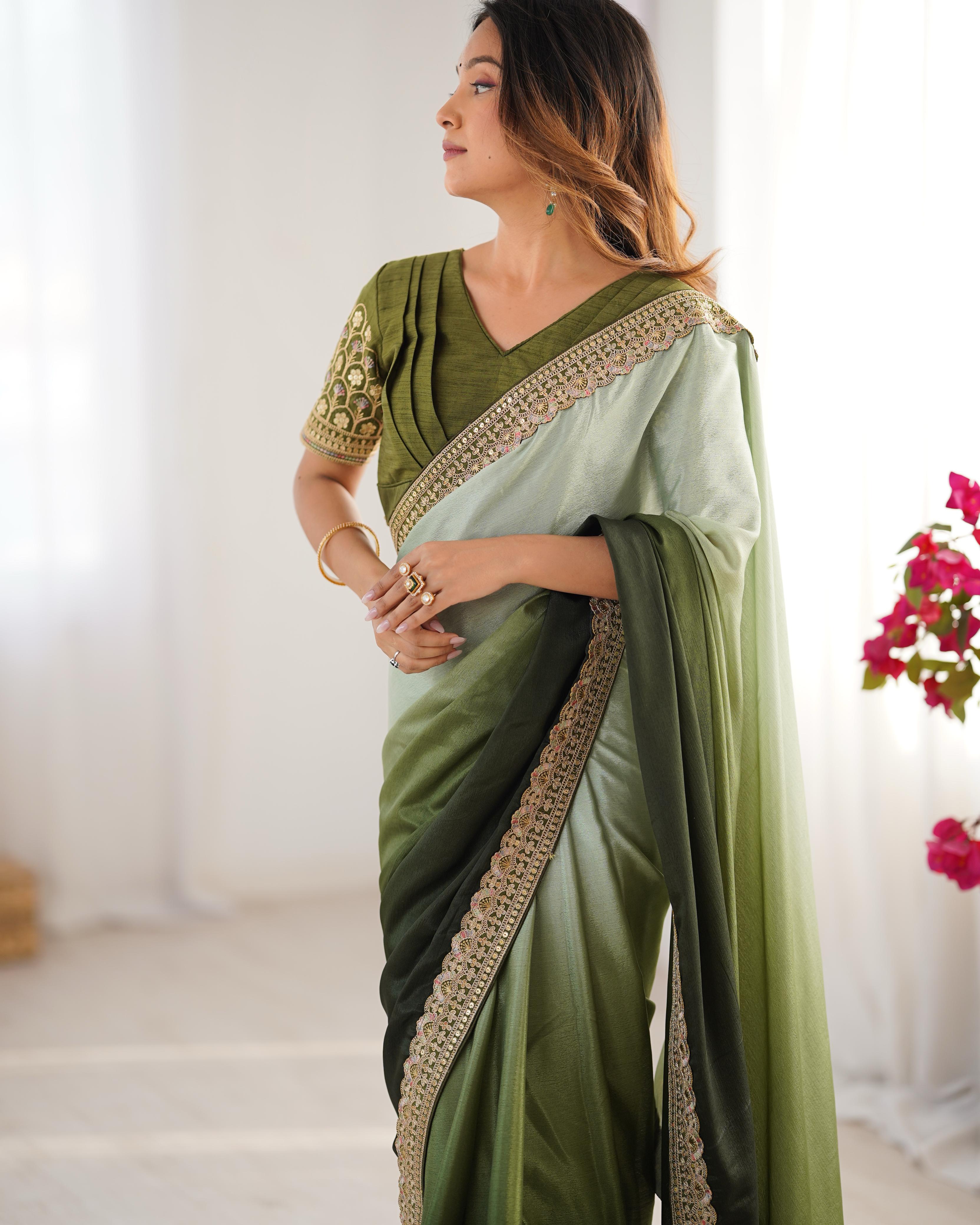 Beautiful Sequence Lace work Mehndi Double Shaded Saree