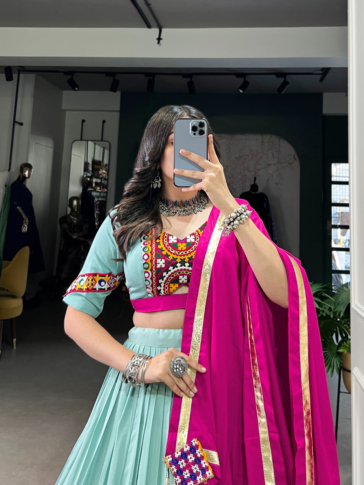 Trendy Navratri Special Rama Color Gamthi Work Lehenga Choli
