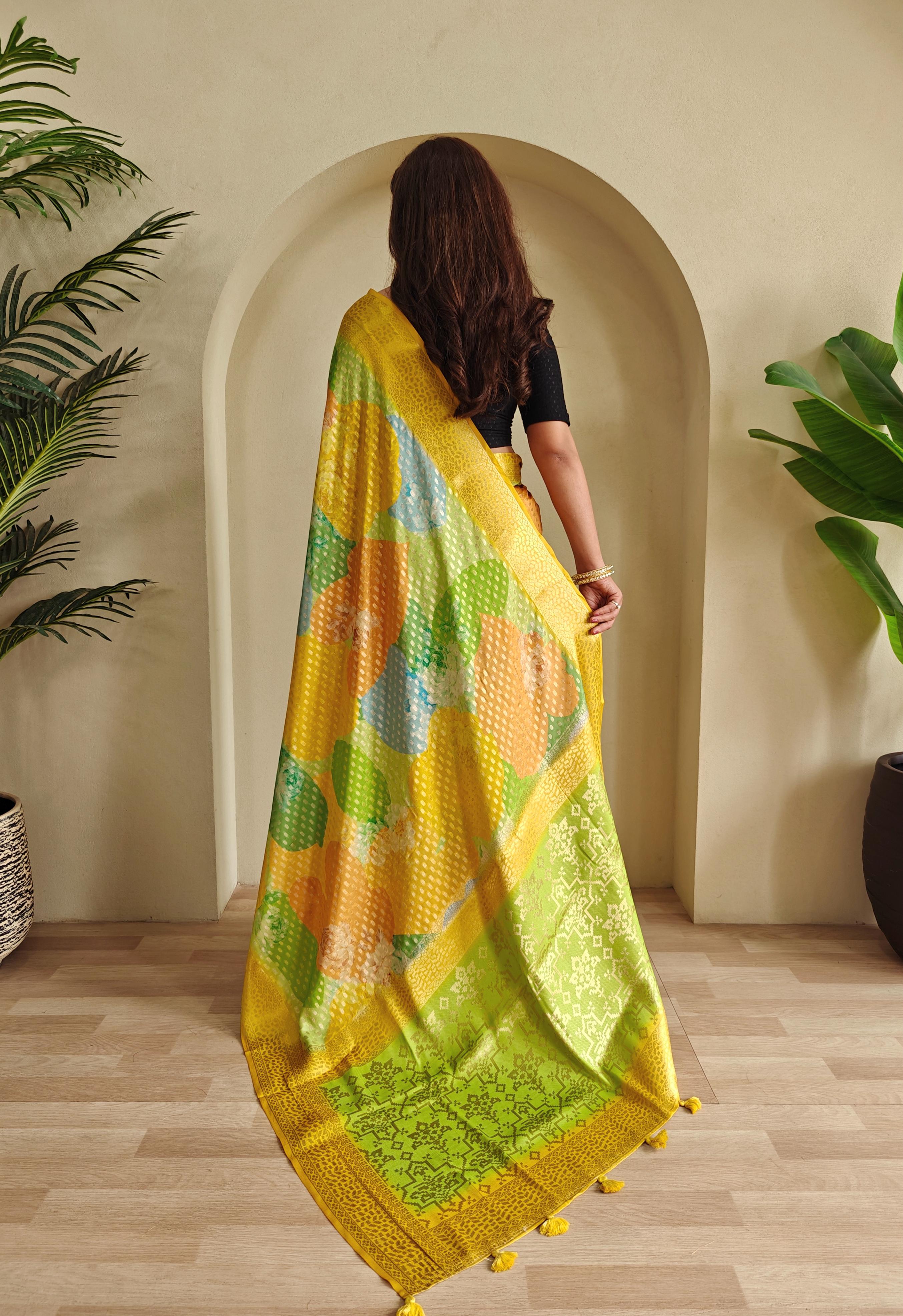 Multi Color Design Beautiful Print Yellow Color Saree
