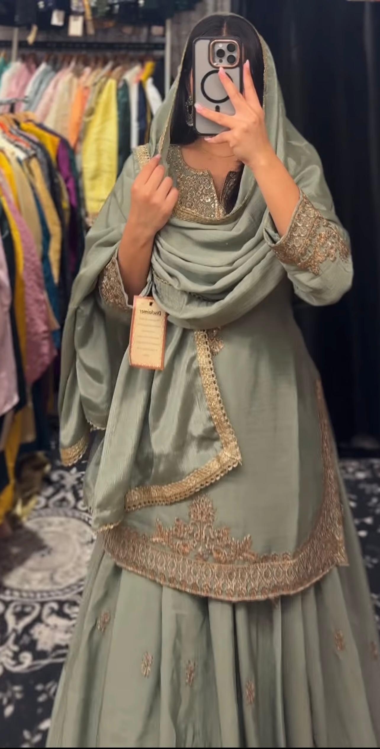 Good Looking Embroidery Work Mehndi Color Top With Lehenga Choli