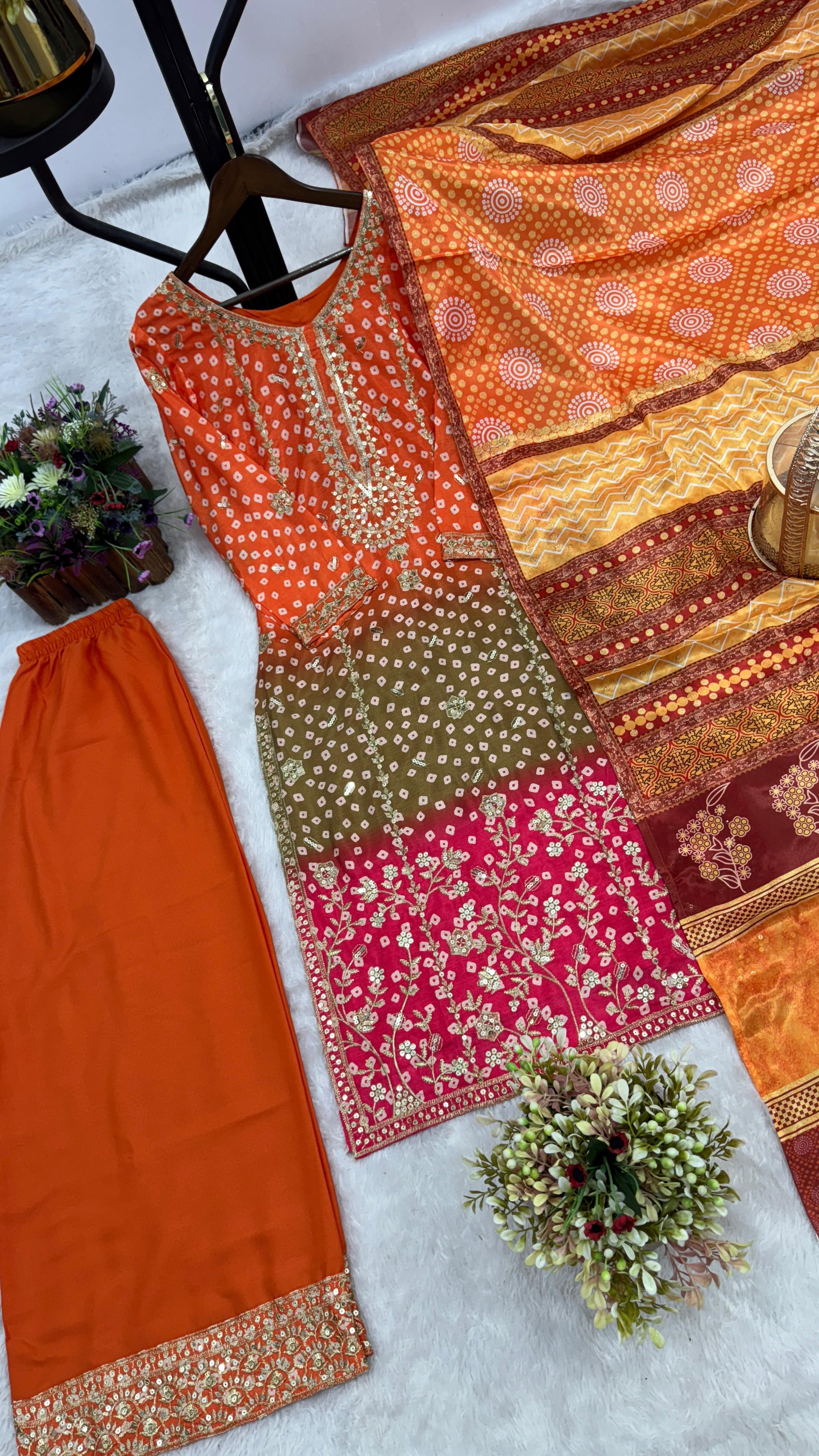 Bandhni Print With Sequence Work Multicolor Palazzo Suit