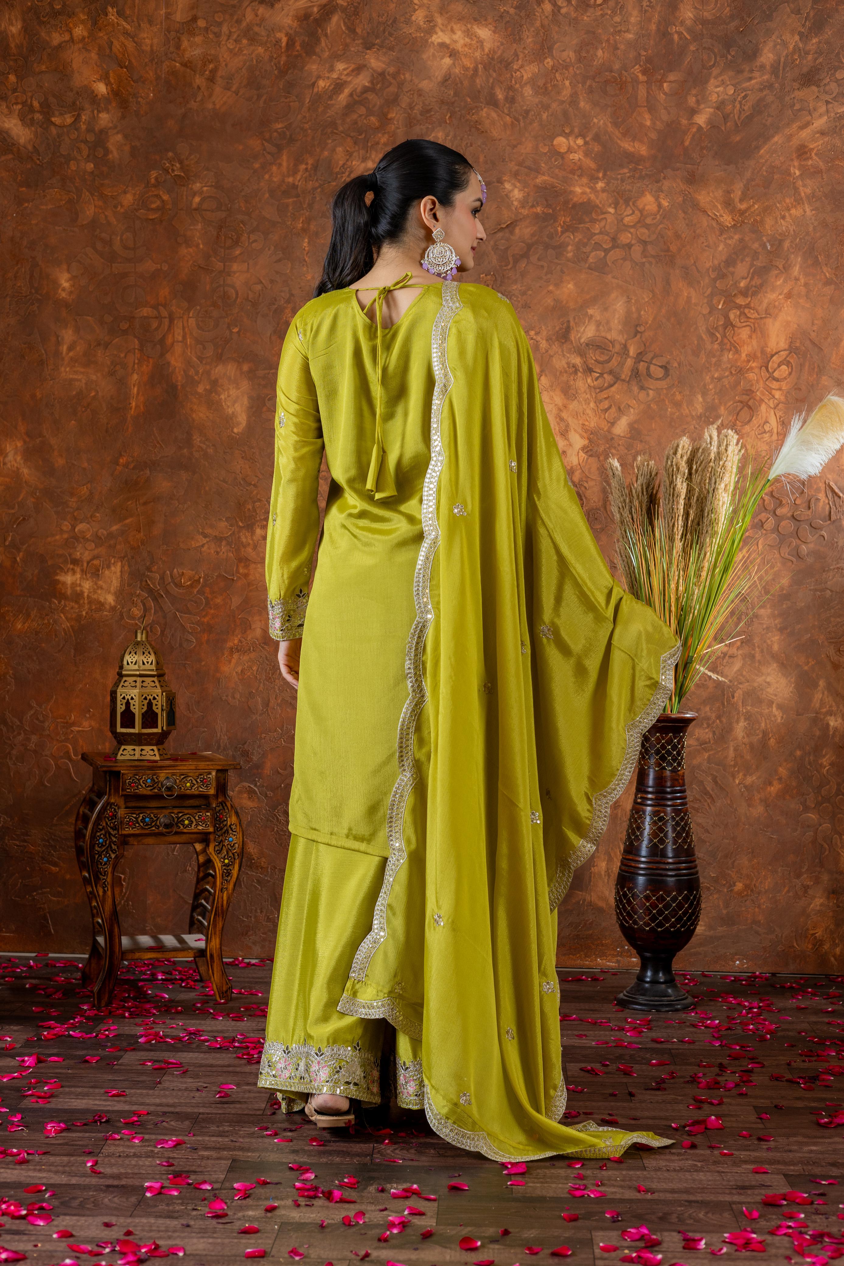 Outstanding Chinon Silk Perrot Green Color Color Palazzo Suit