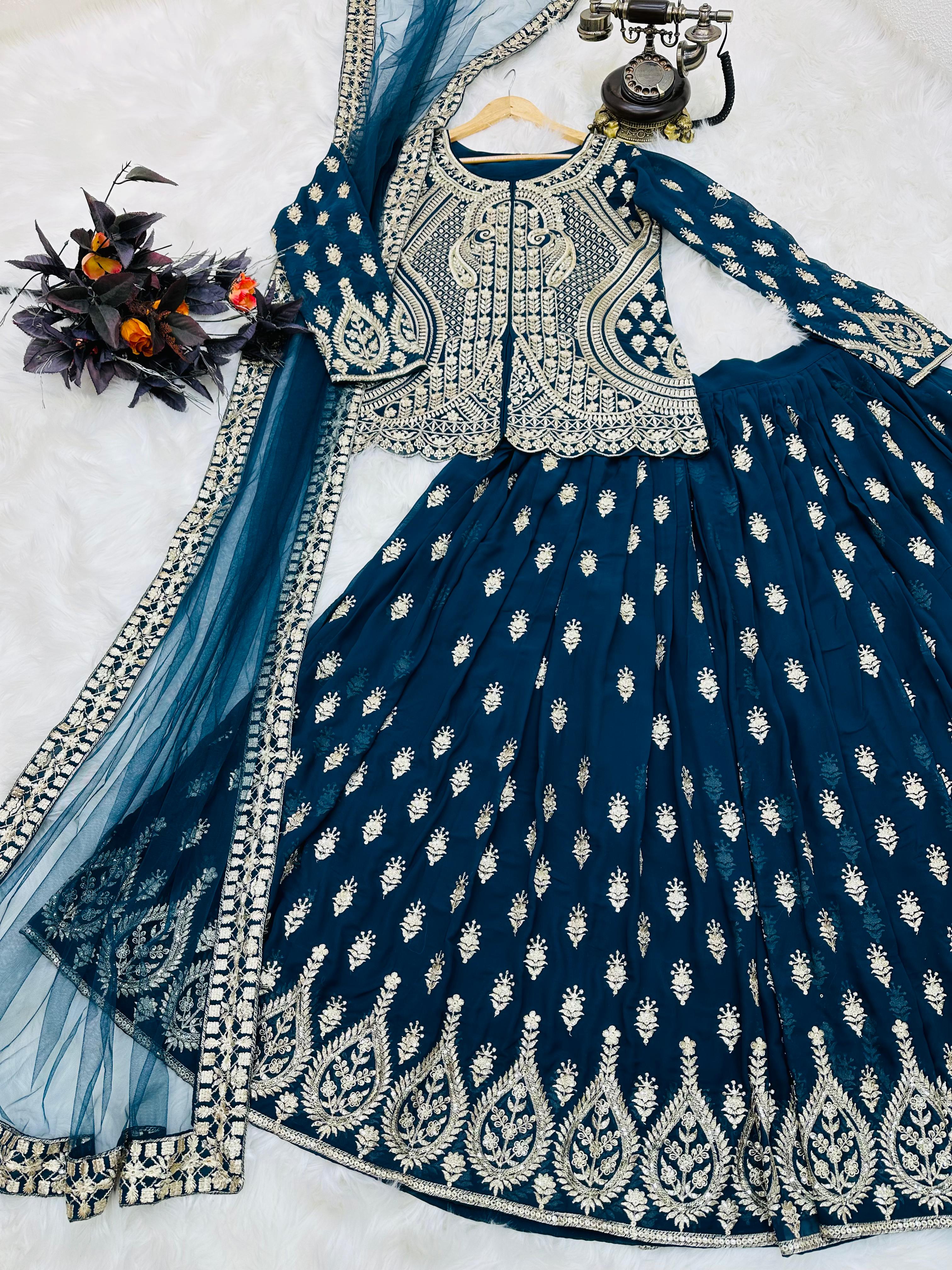 Wonderful Embroidery Sequence Blue Color Top With Lehenga