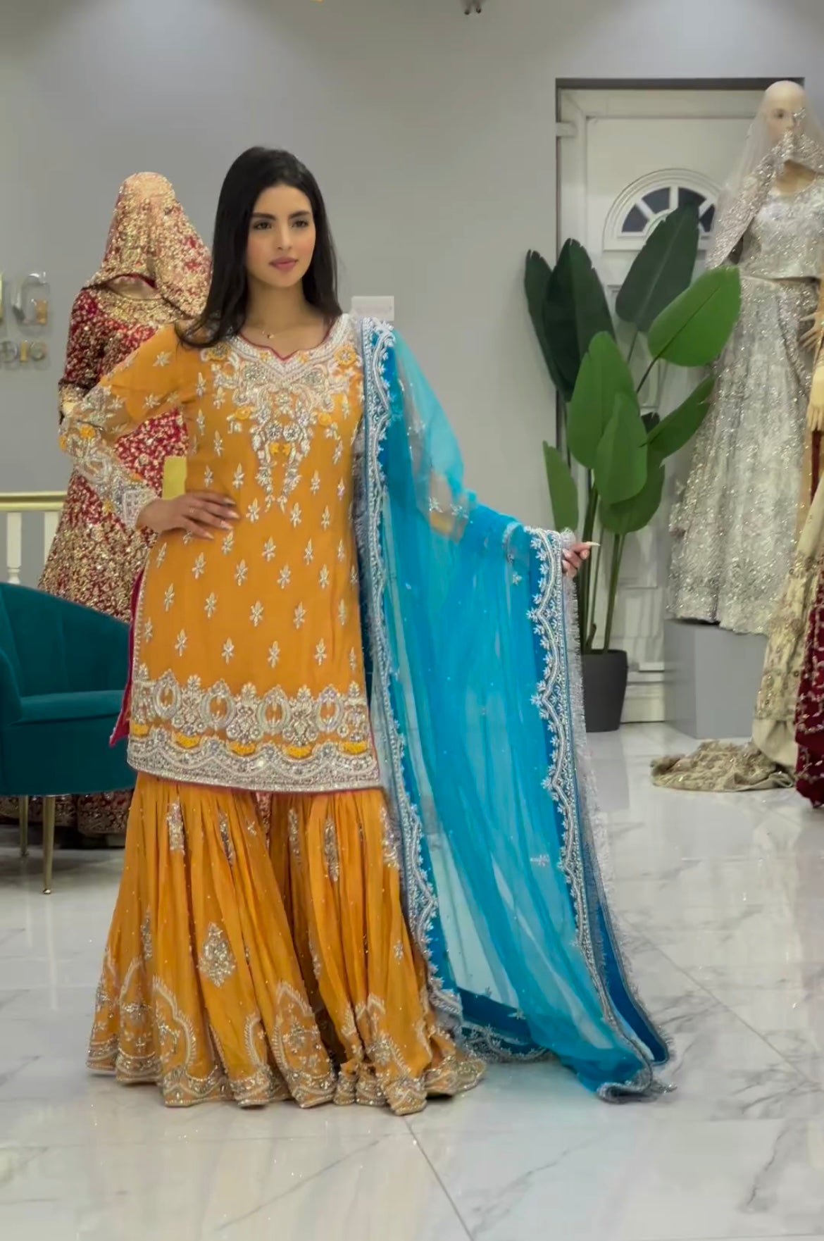 Celebrity Style Yellow Color Georgette Fabri  Embroidery Sequence Work Sharara Suit