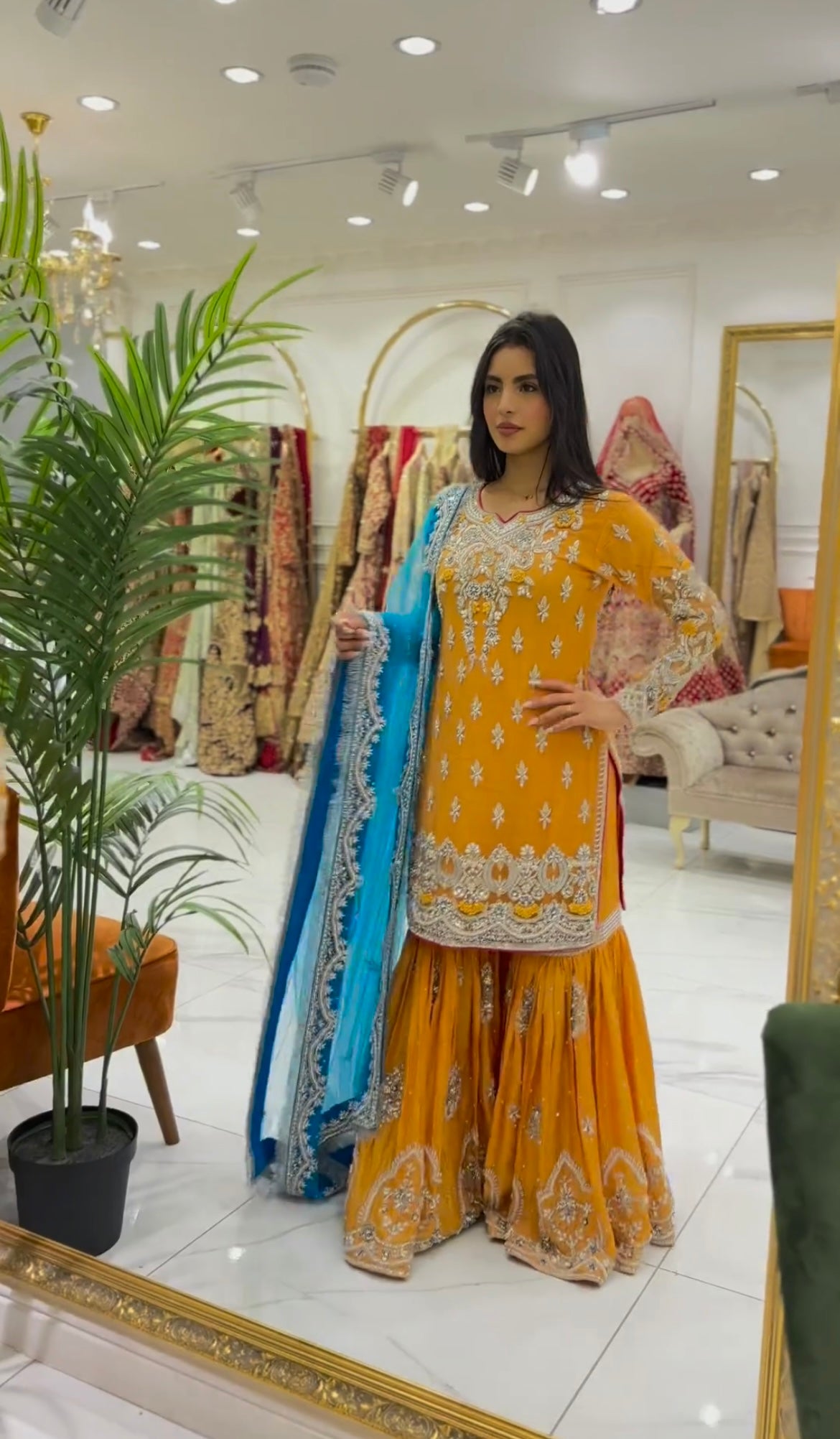 Celebrity Style Yellow Color Georgette Fabri  Embroidery Sequence Work Sharara Suit