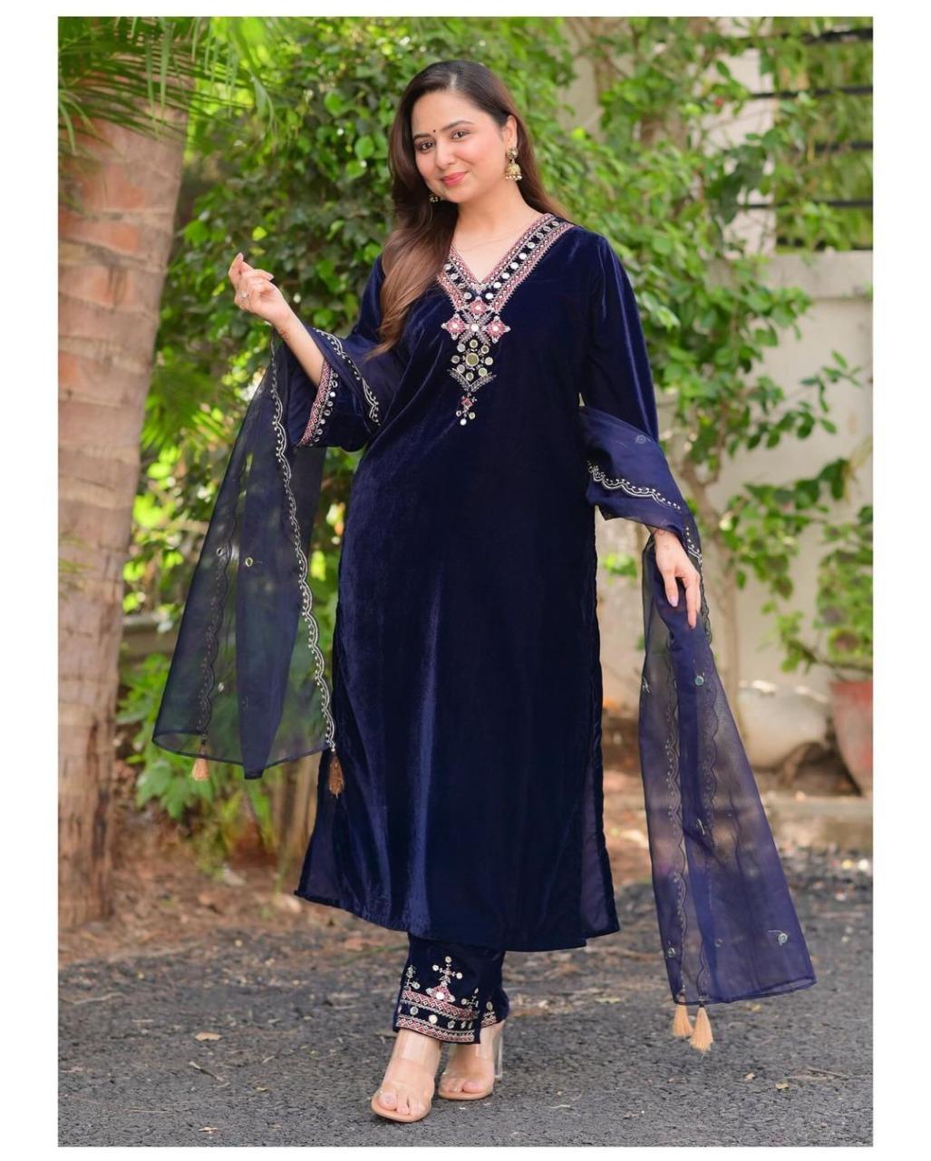 Delightful Blue Color Velvet Sequence Work Anarkali Suit