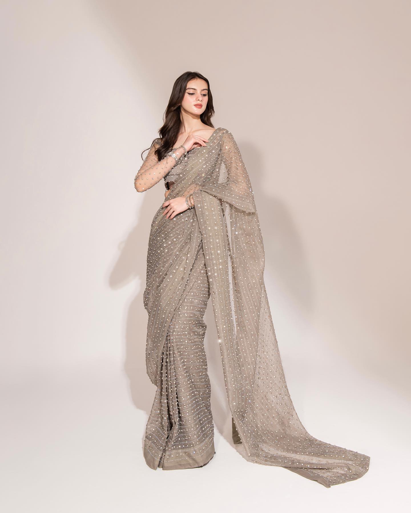 Fashionable Siroski Dimond work Grey Color Saree