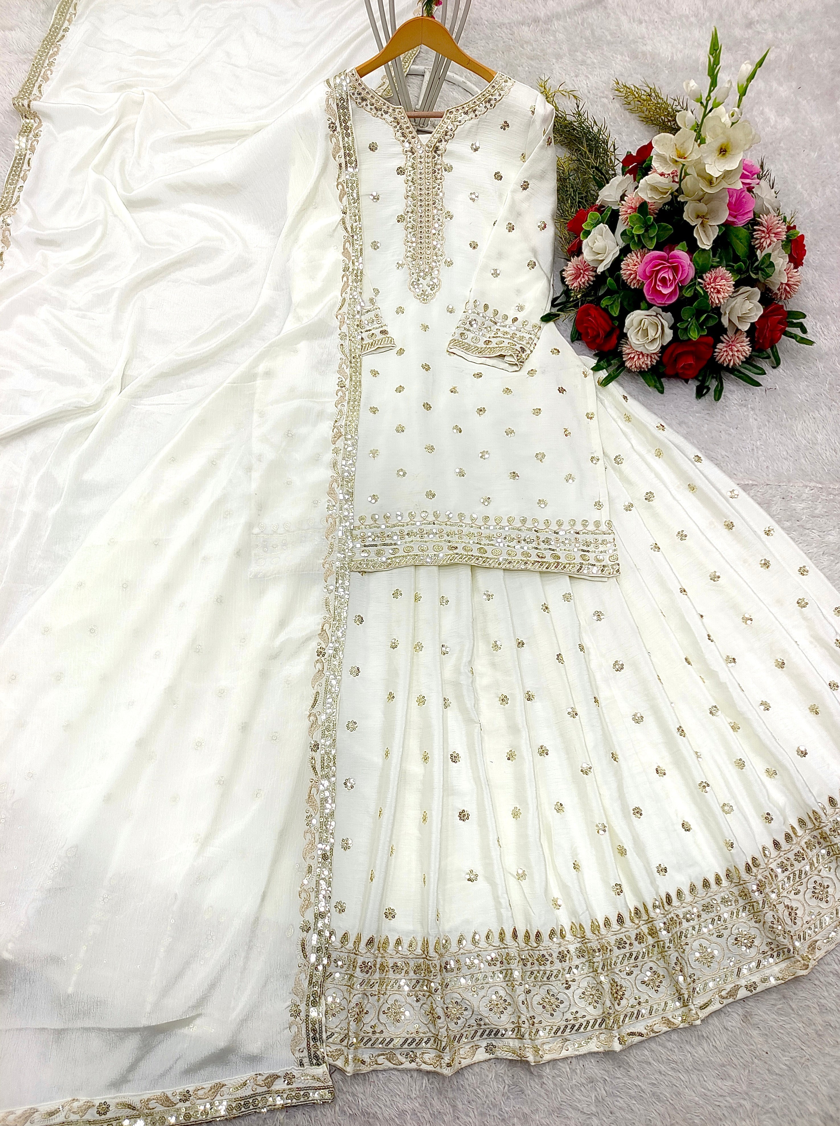 Gorgeous White Color Sequence Work Top With Lehenga