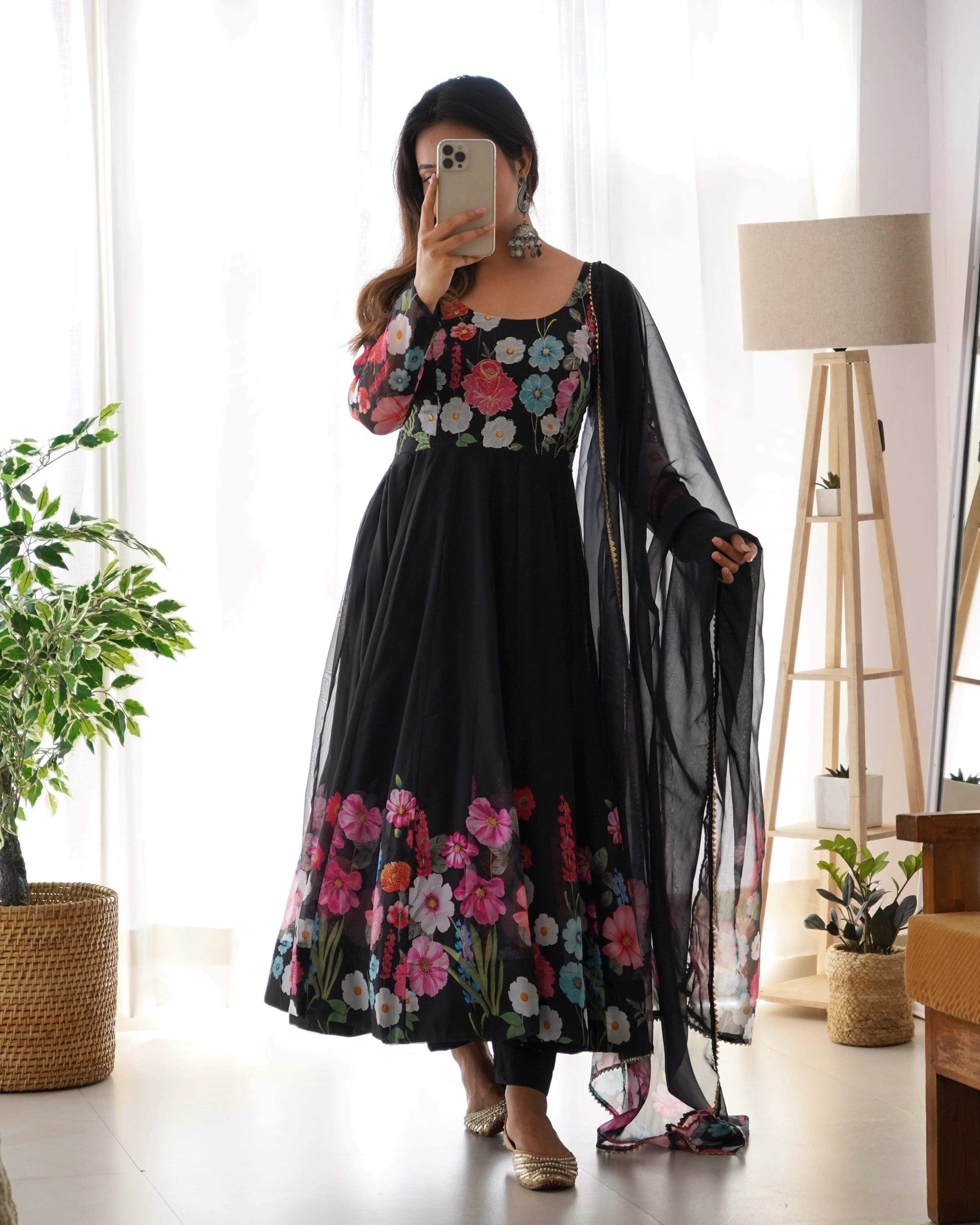 Multi Flower Print Black Color Anarkali Suit