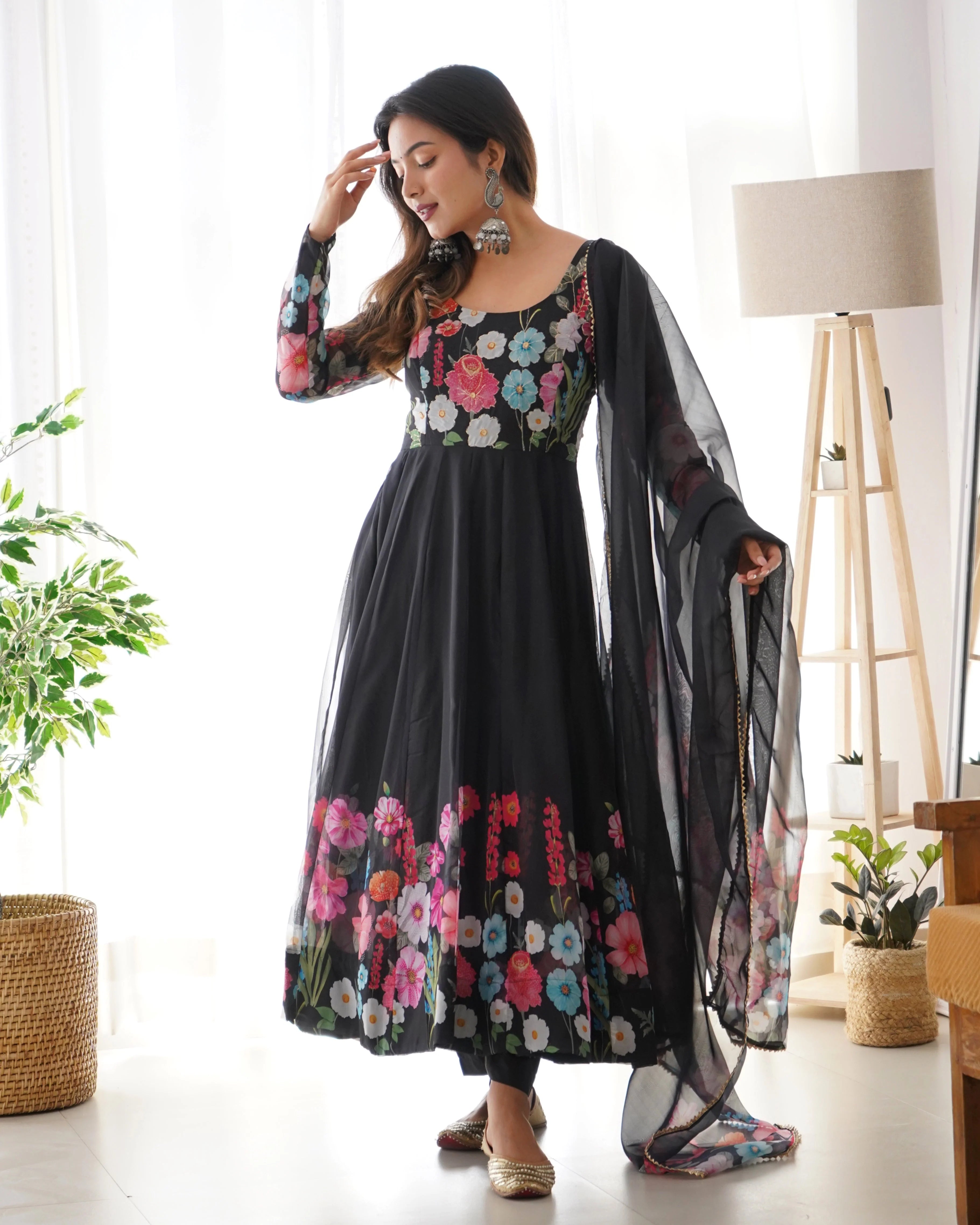 Multi Flower Print Black Color Anarkali Suit