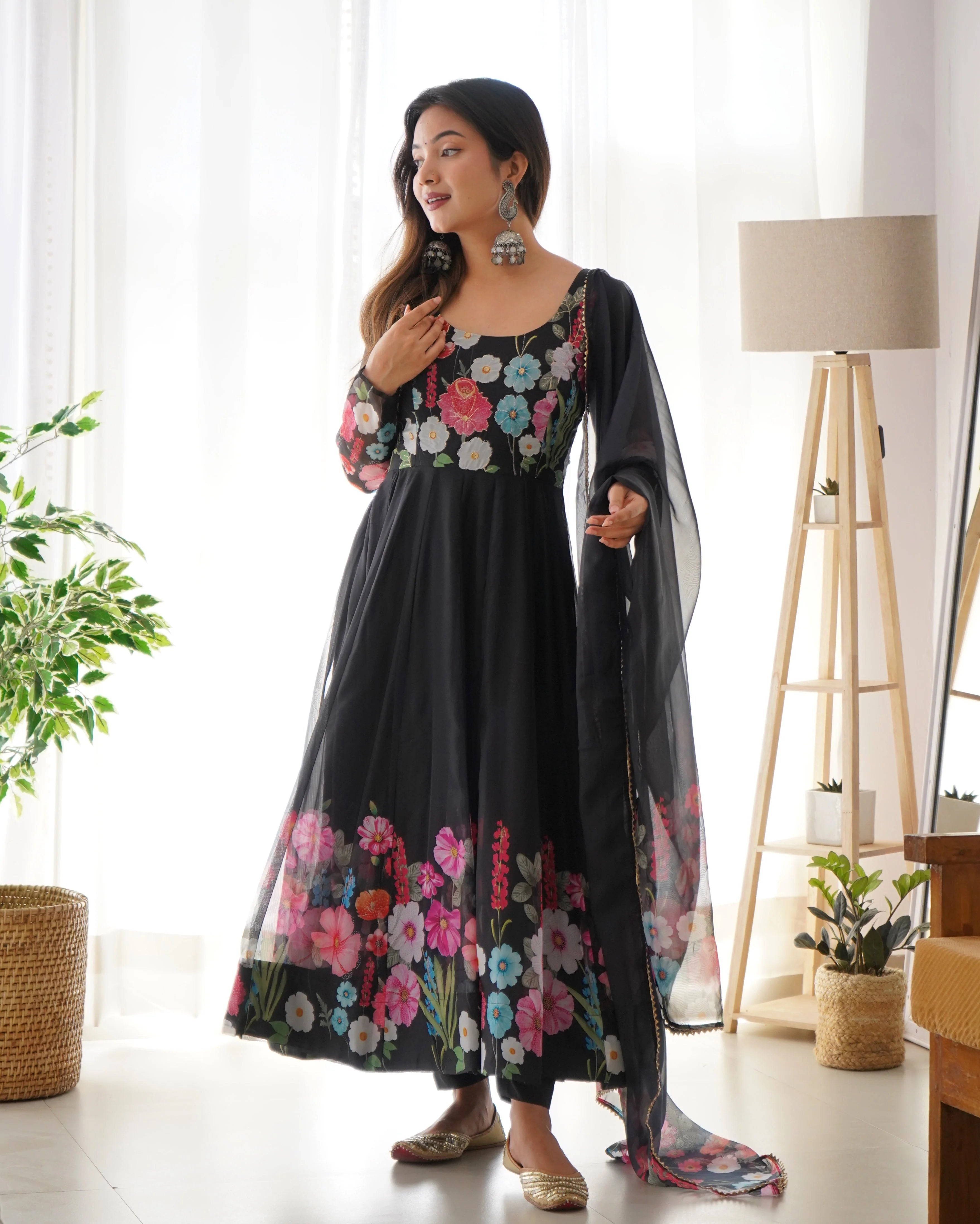 Multi Flower Print Black Color Anarkali Suit