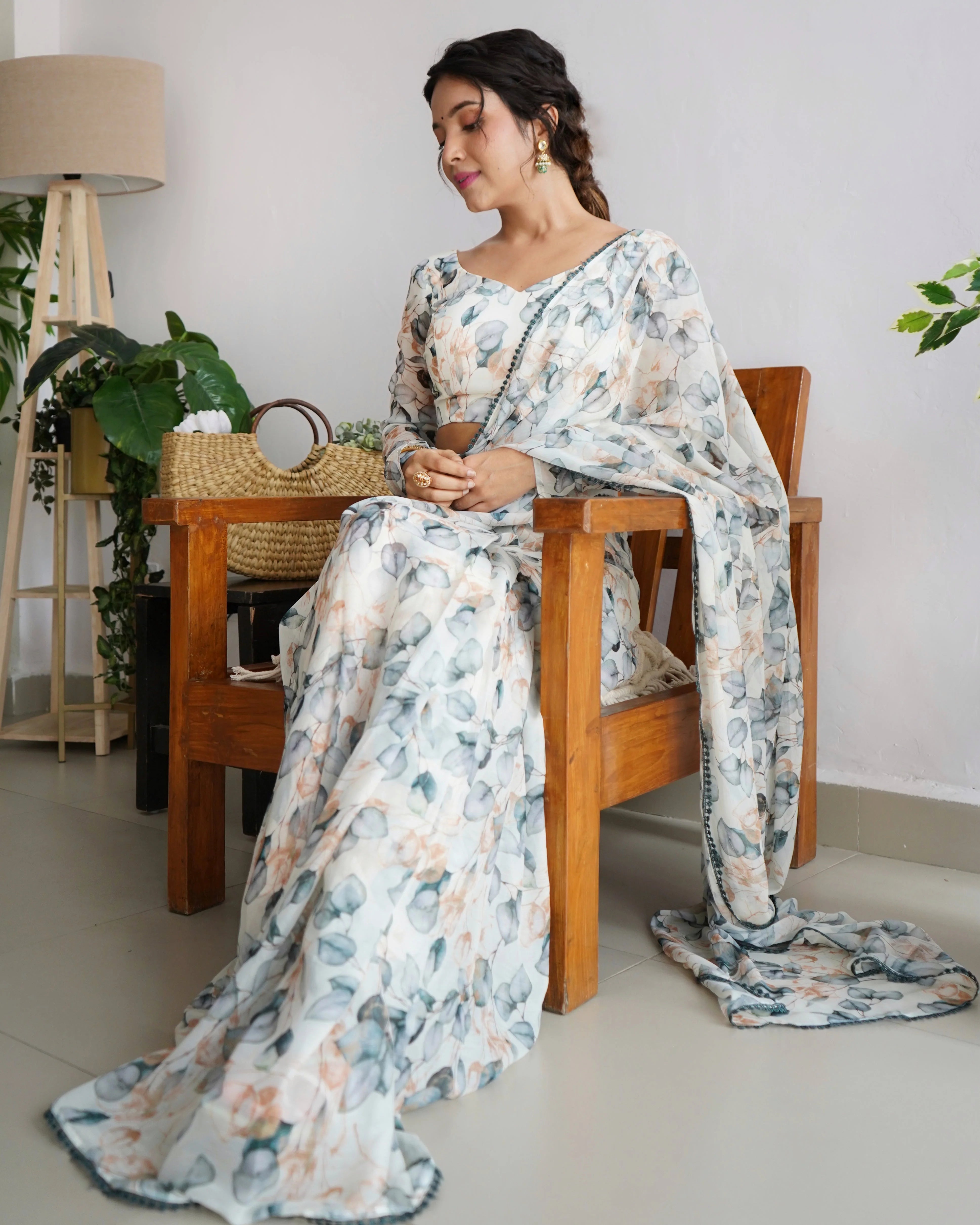 Cream Color Ready To Wear Printed Saree