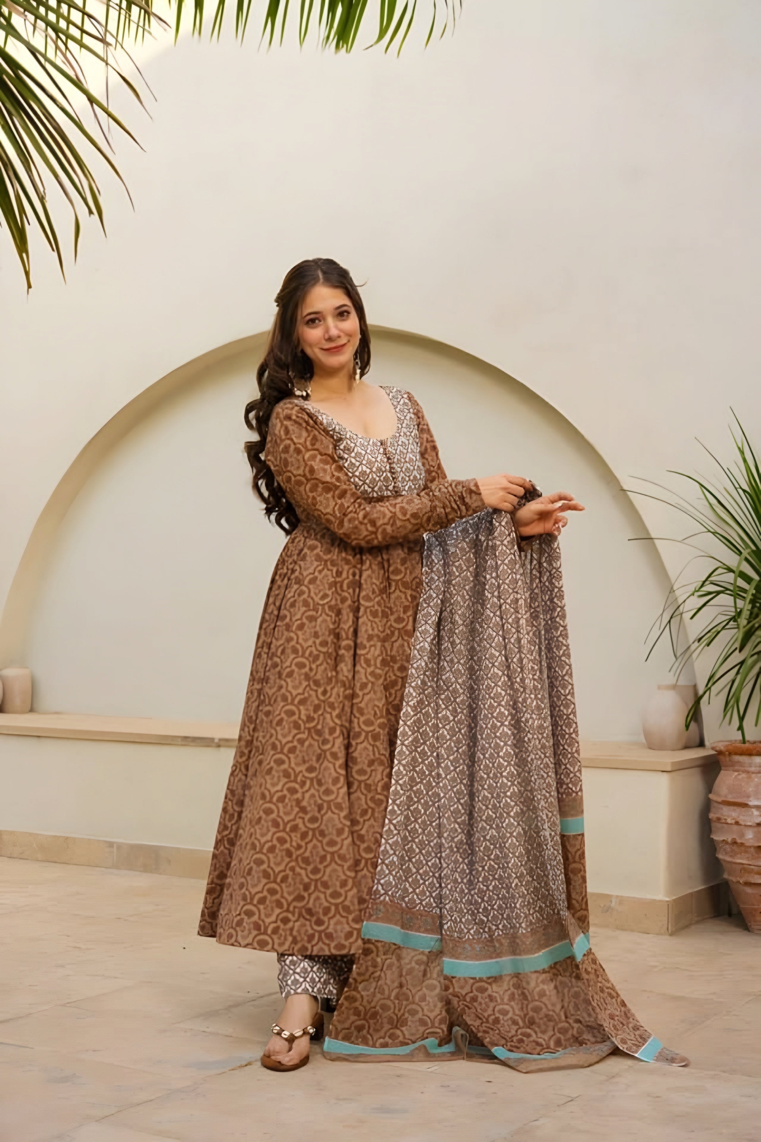 Glimmering Digital Print Work Brown Color Anarkali Suit