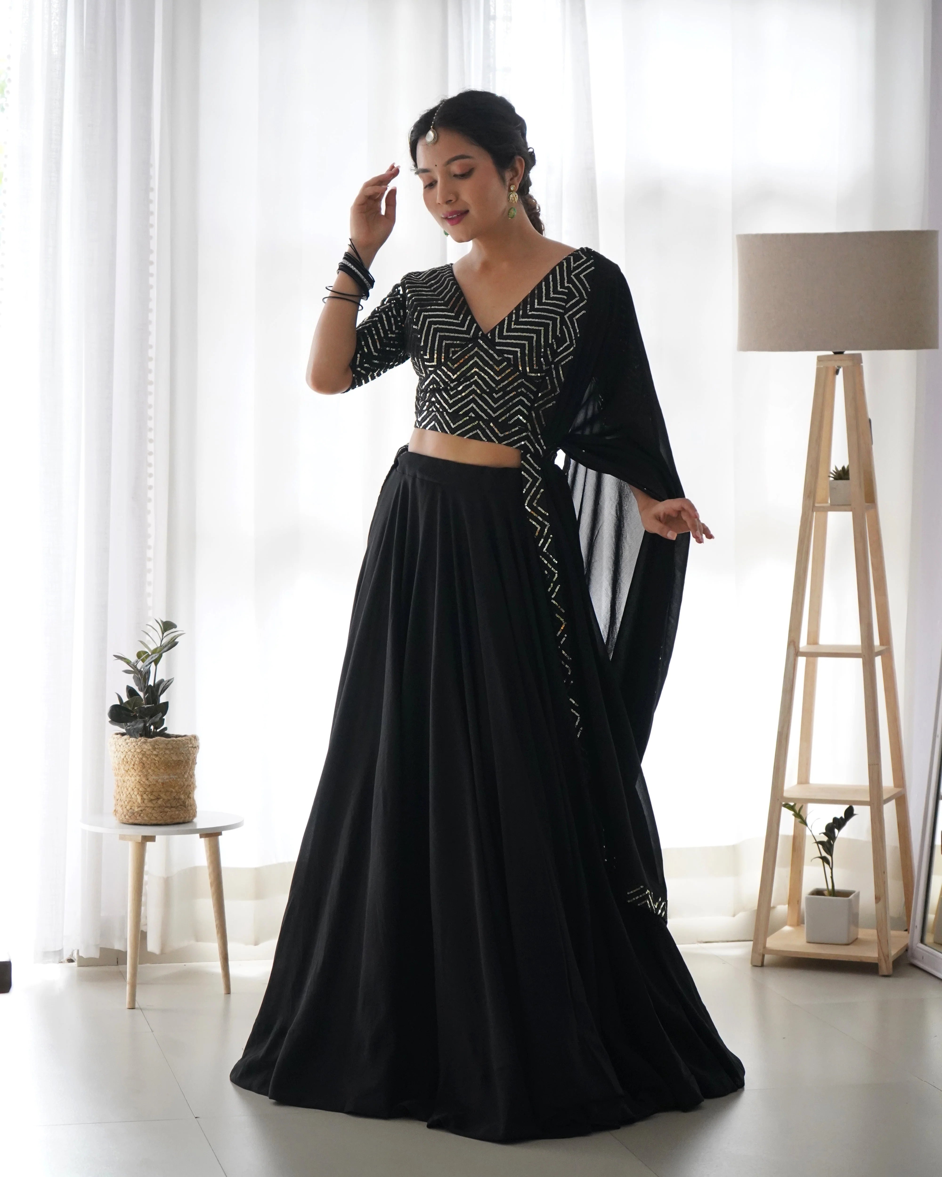 Plain Black Lehenga With Sequence Work Blouse