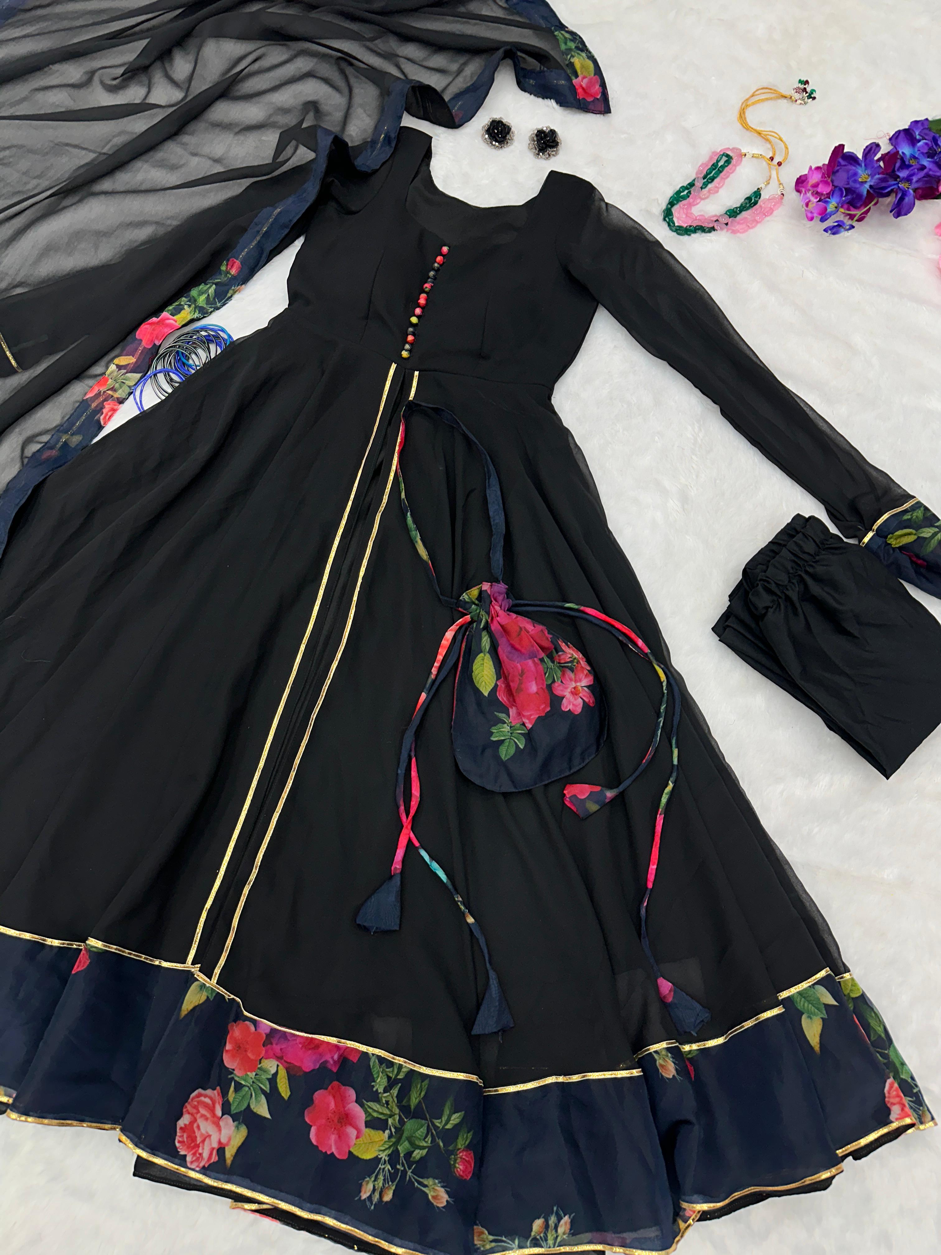 Gorgeous Black Color Anarkali Suit With Batwa Bag