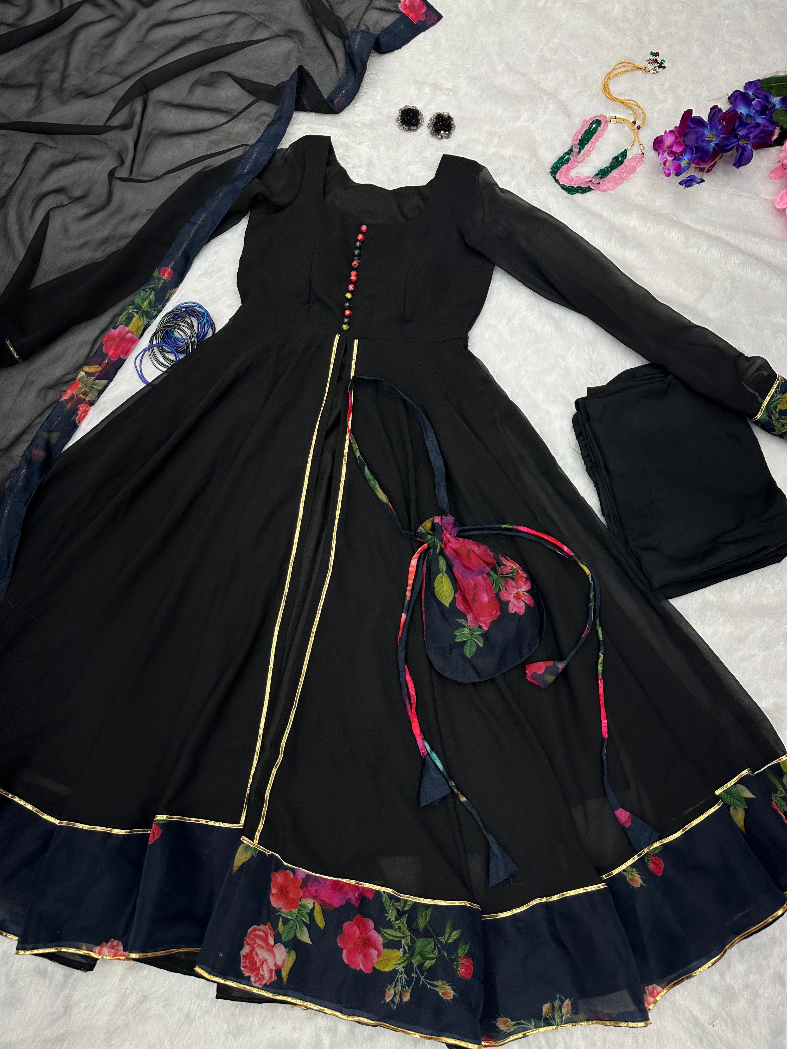 Gorgeous Black Color Anarkali Suit With Batwa Bag